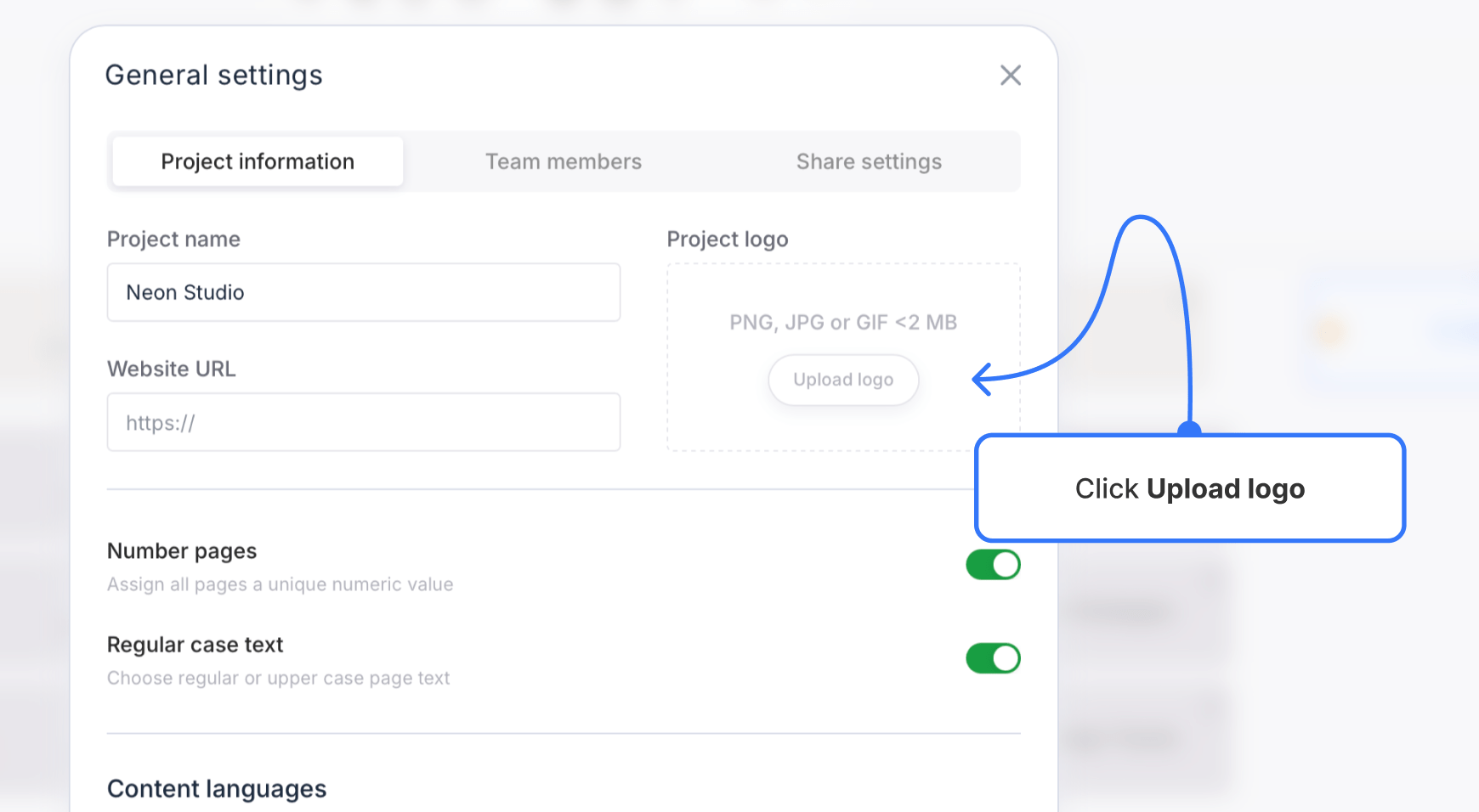 Upload logo button highlighted on the project general settings modal