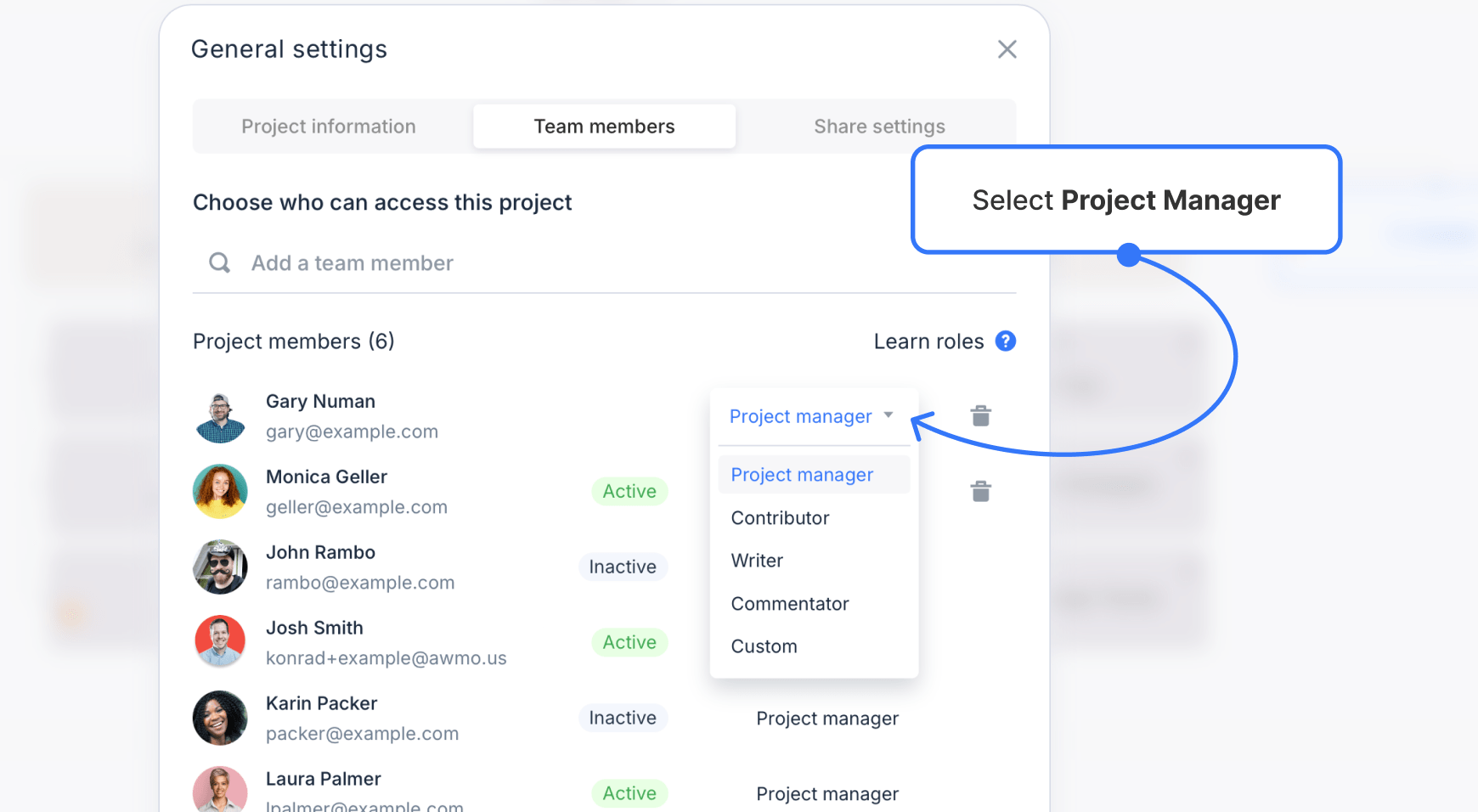 Project general settings modal opened with a user role dropdown expanded