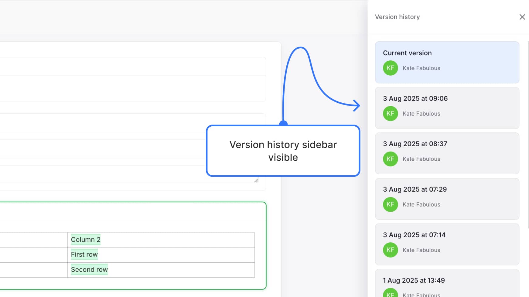 Version history sidebar with multiple dated versions