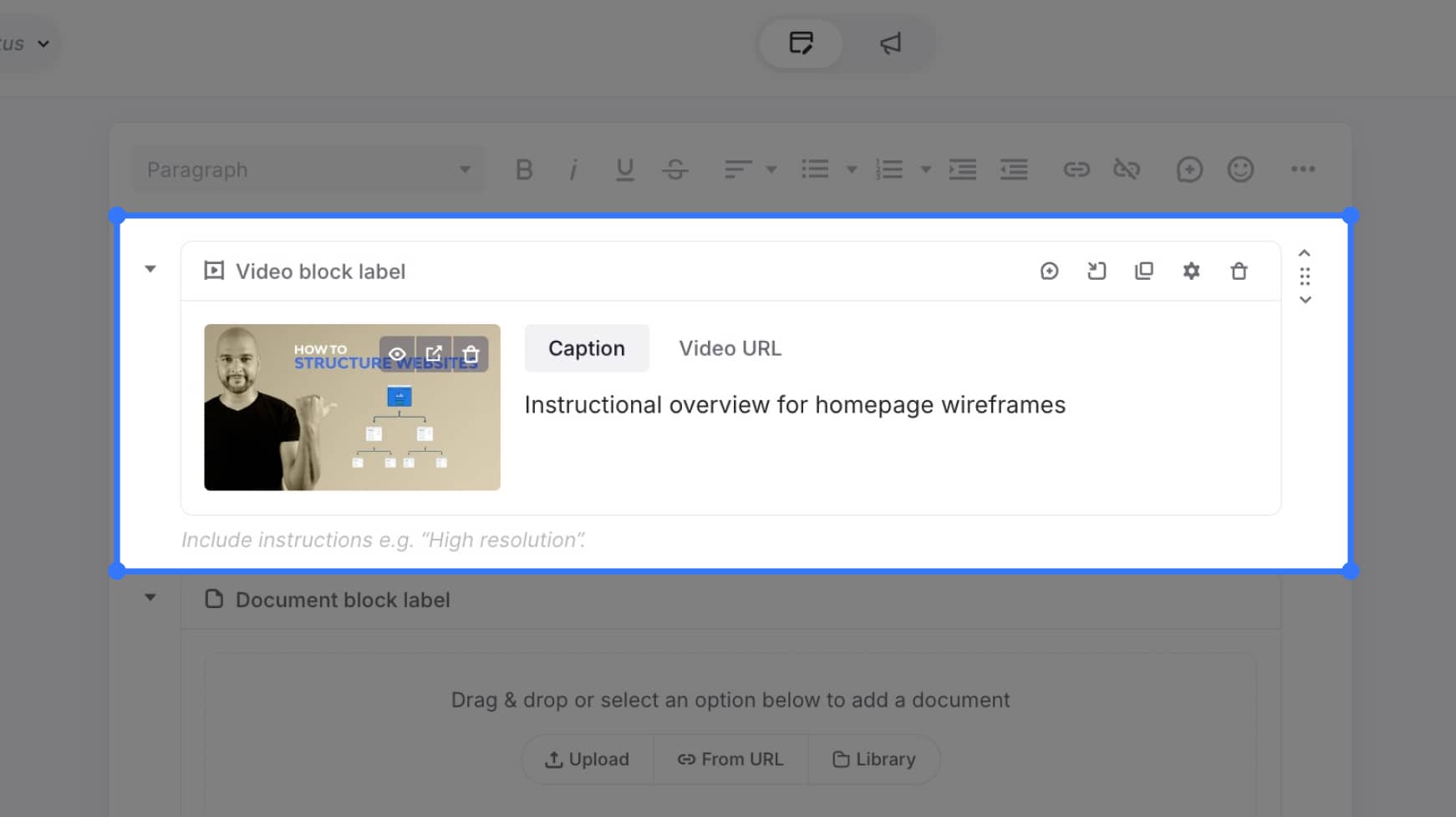 Video block with embedded YouTube video + caption