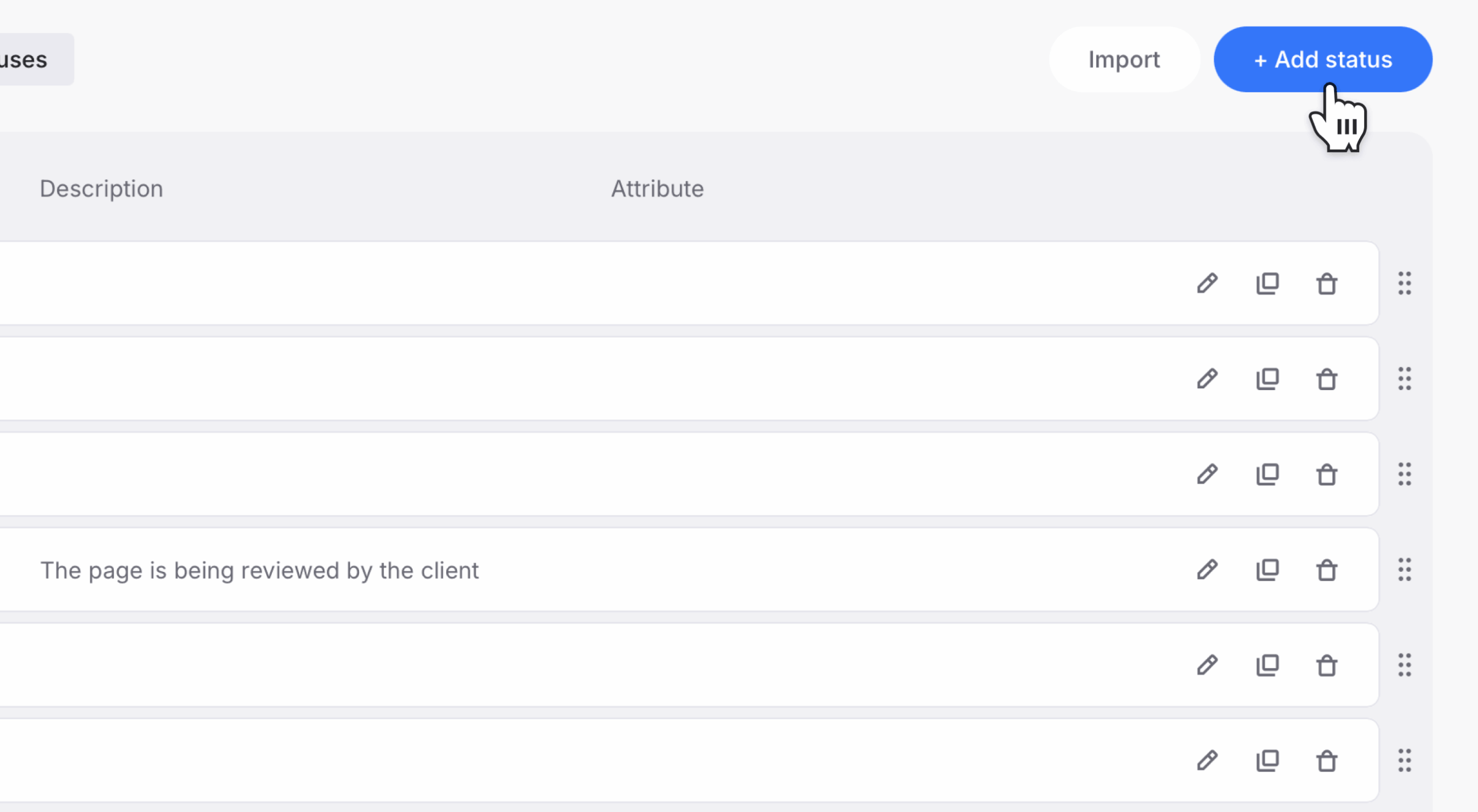 + Add status” button above status list