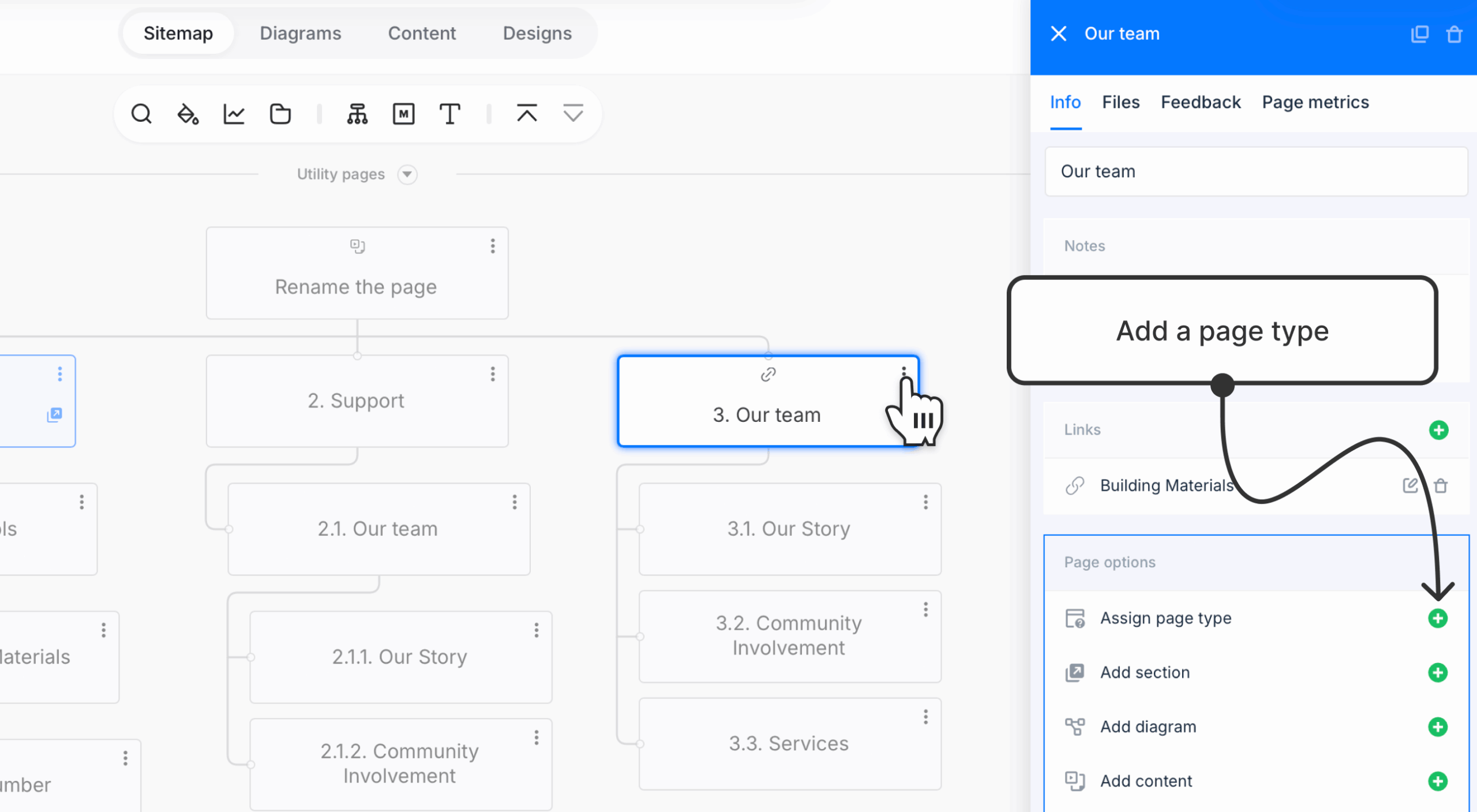 An arrow pointing adding page type in page properties panel.