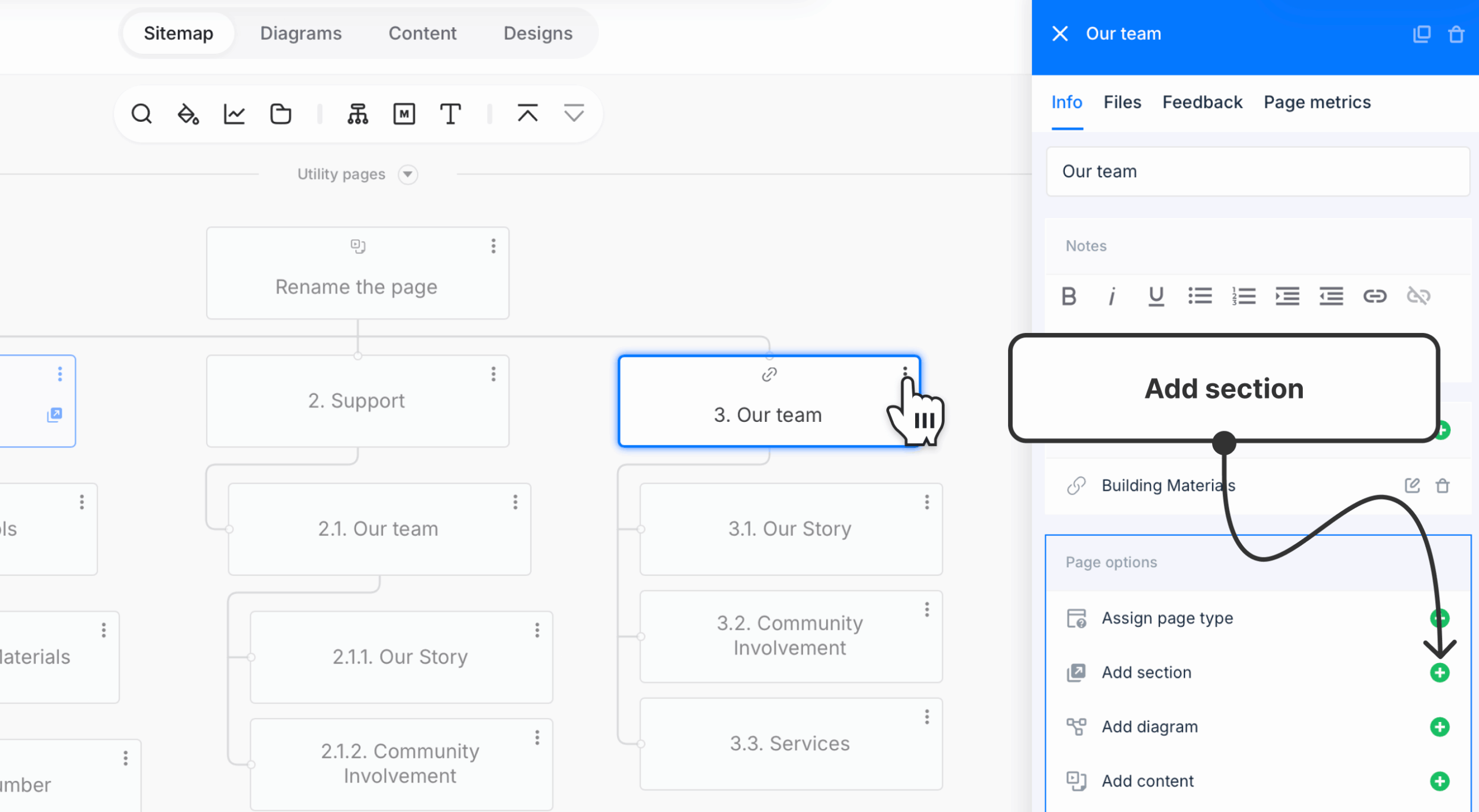 Arrow pointing to Add section button on page properties panel