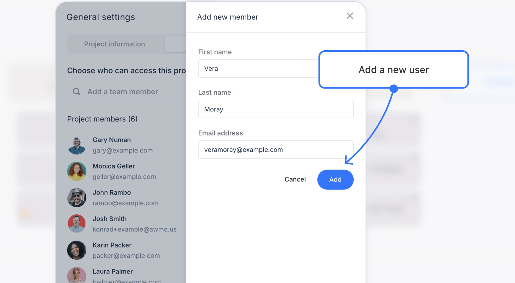 New user form open in the team members tab