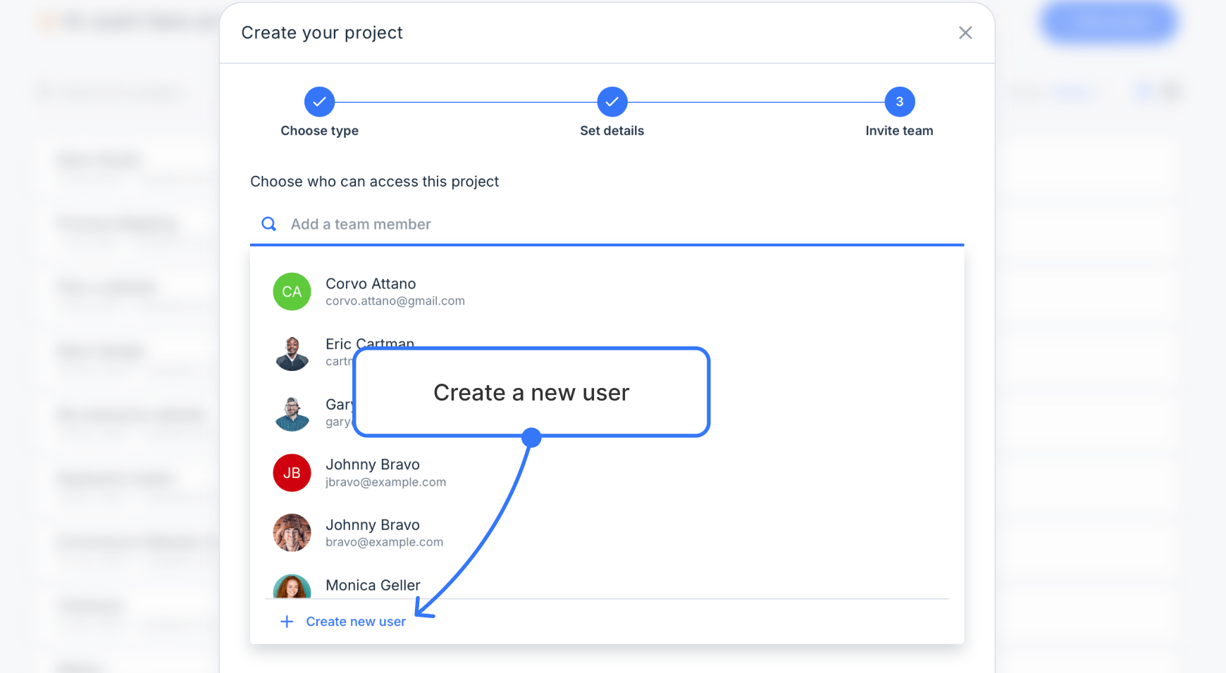 An arrow pointing on a Create a new user button within the new project modal menu