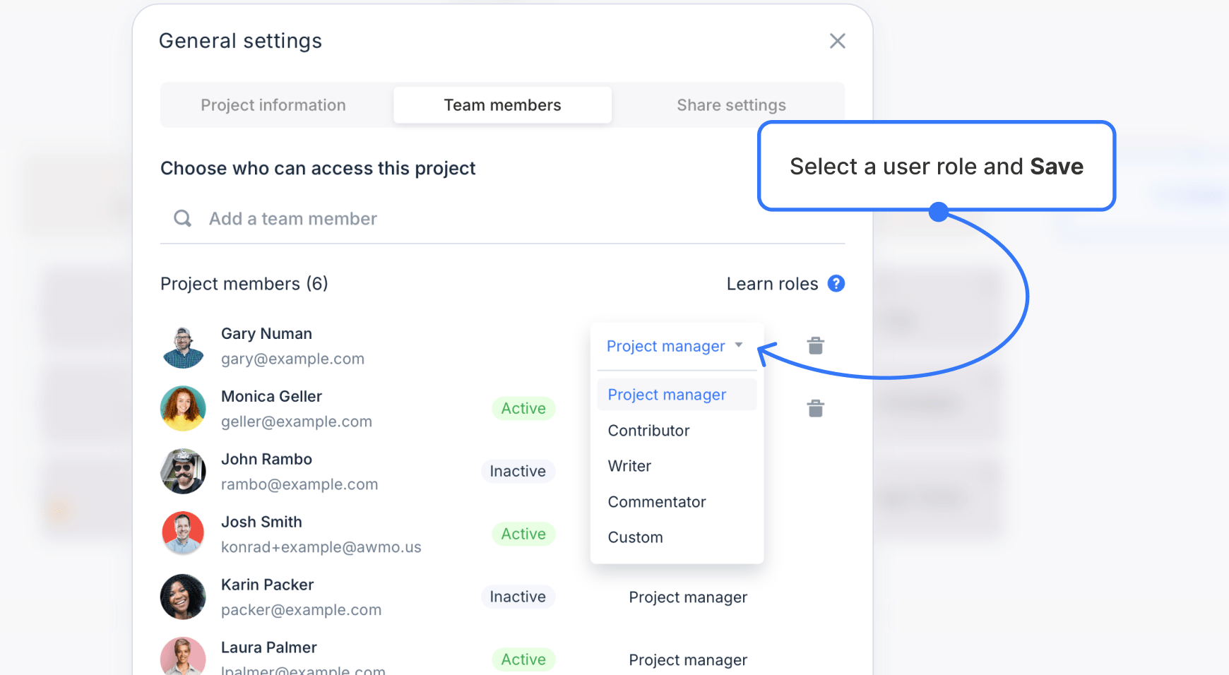 Assigning user role on the projects settings modal window