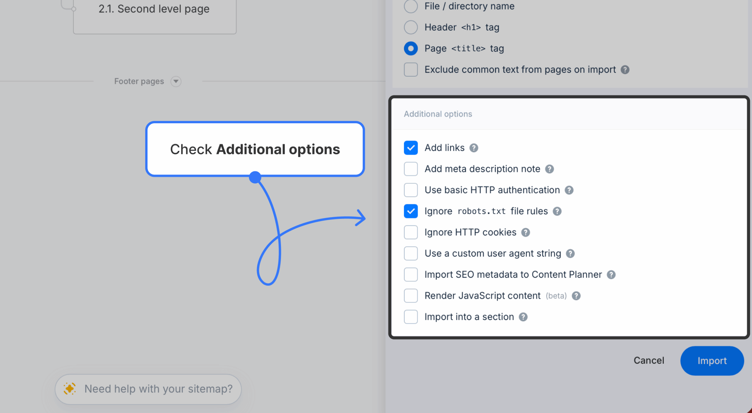 Google xml additional import options selected on the import panel