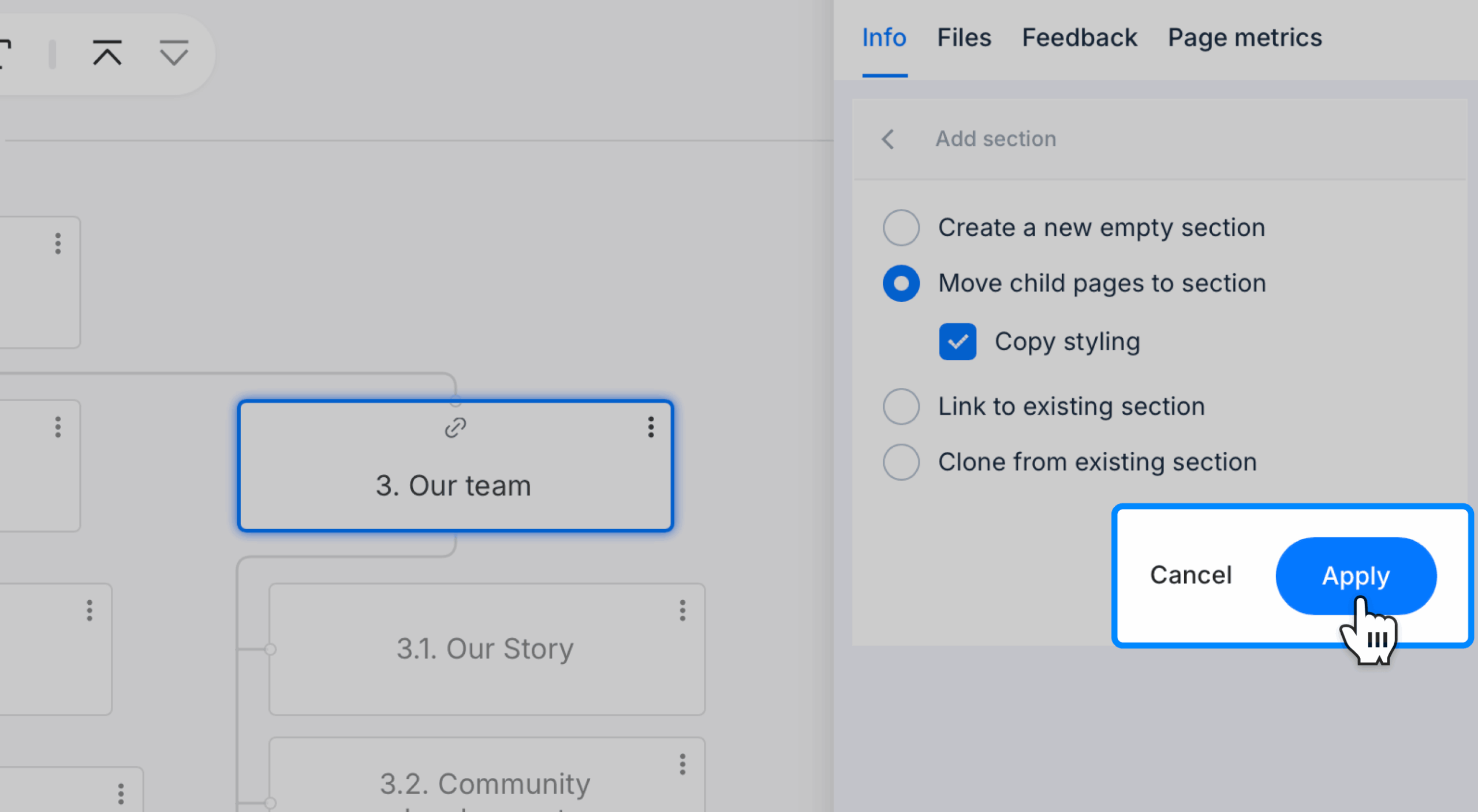 Apply button hovered on confirming creating a new section.