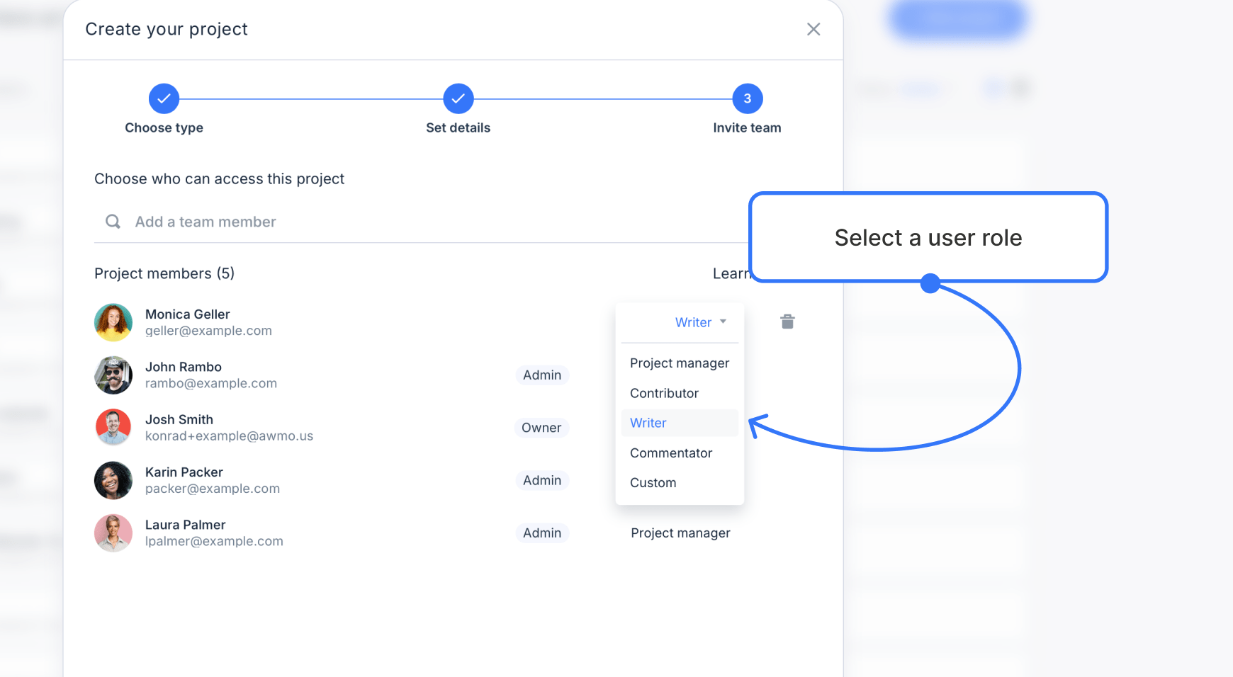 A new project modal with a team assignment dropdown expanded