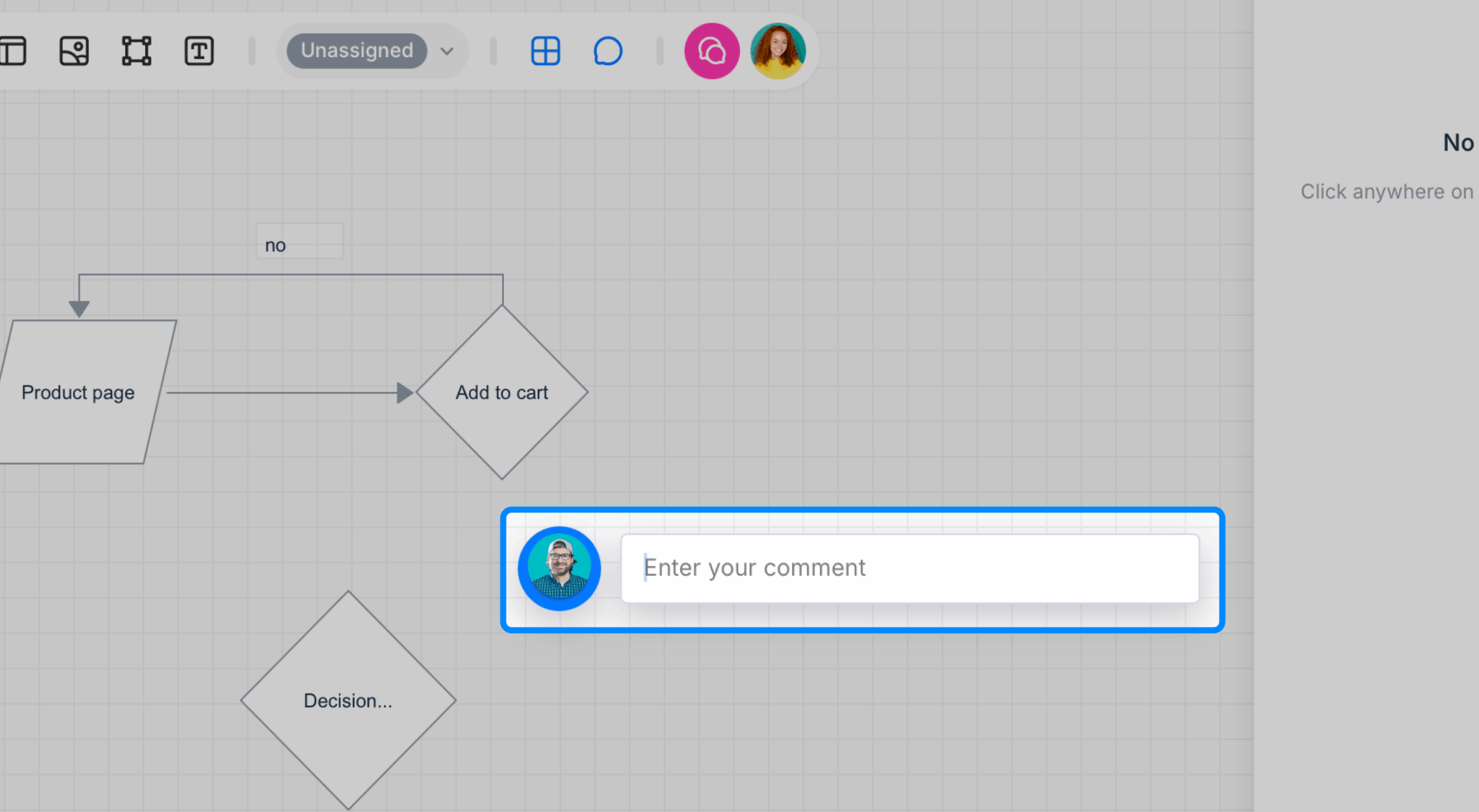 a floating comment wysiwyg field highlighted on a dimmed diagram canvas