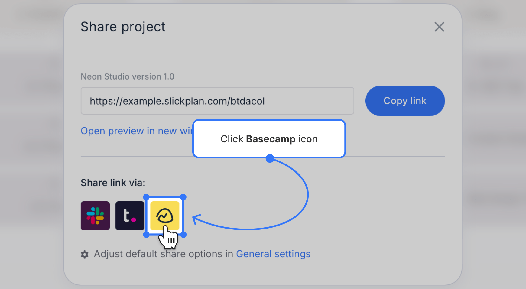 Basecamp icon highlighted on the share modal