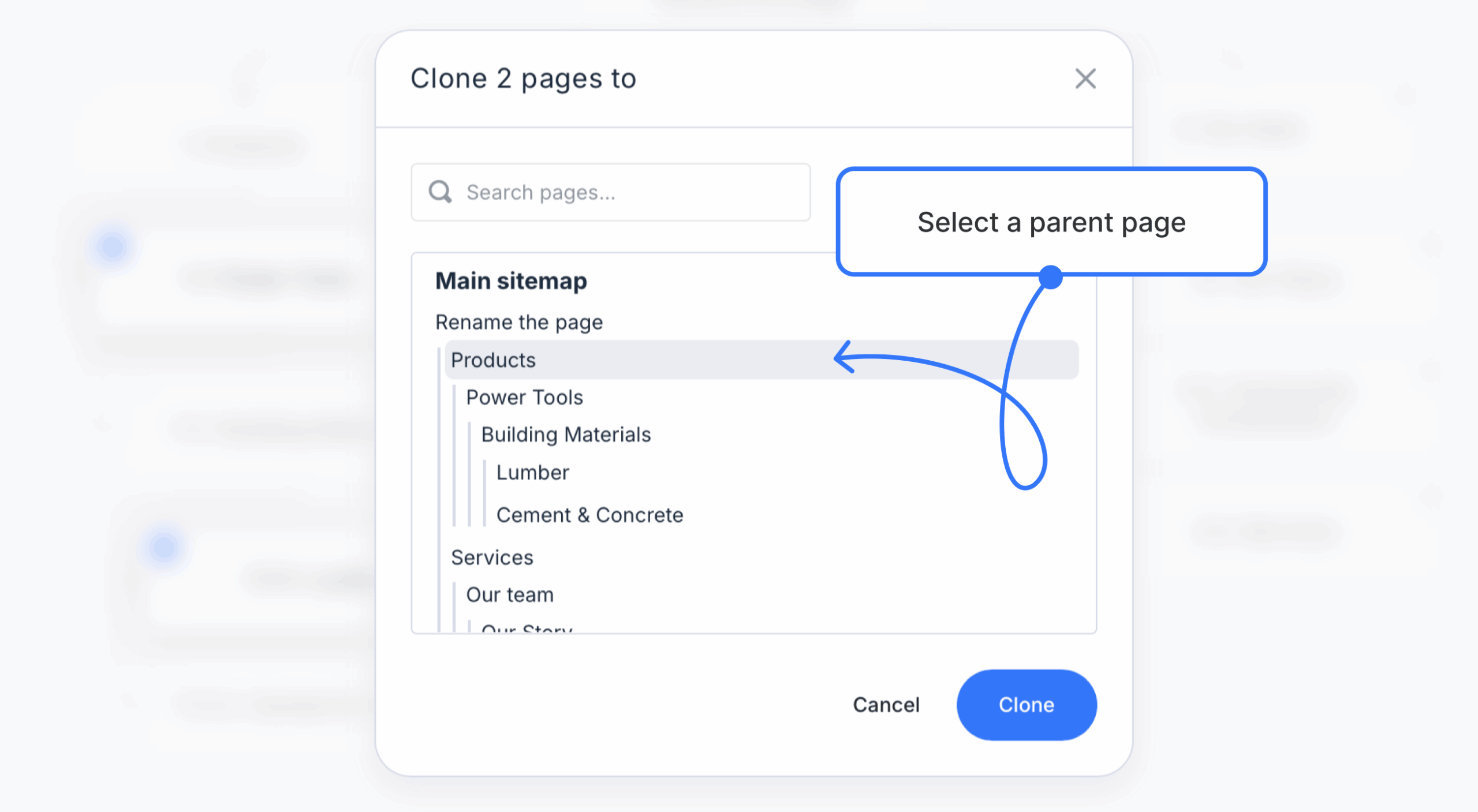 bottom drawer clone modal with pages visible scaled