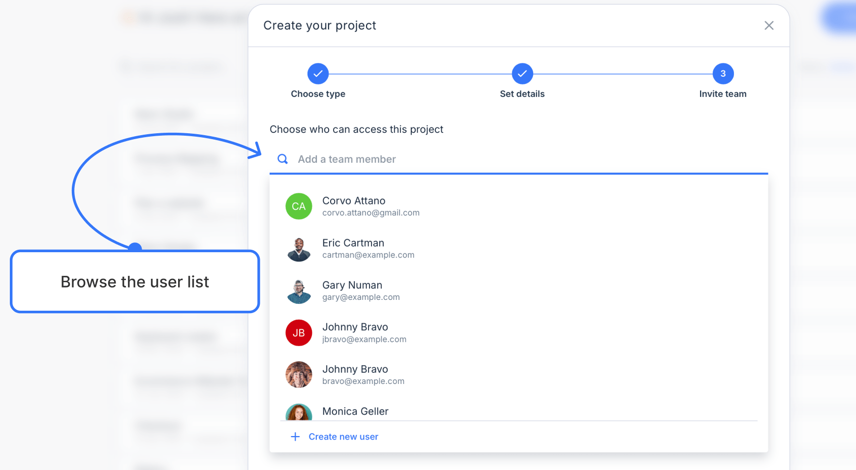 New project modal open with the user search bar expanded