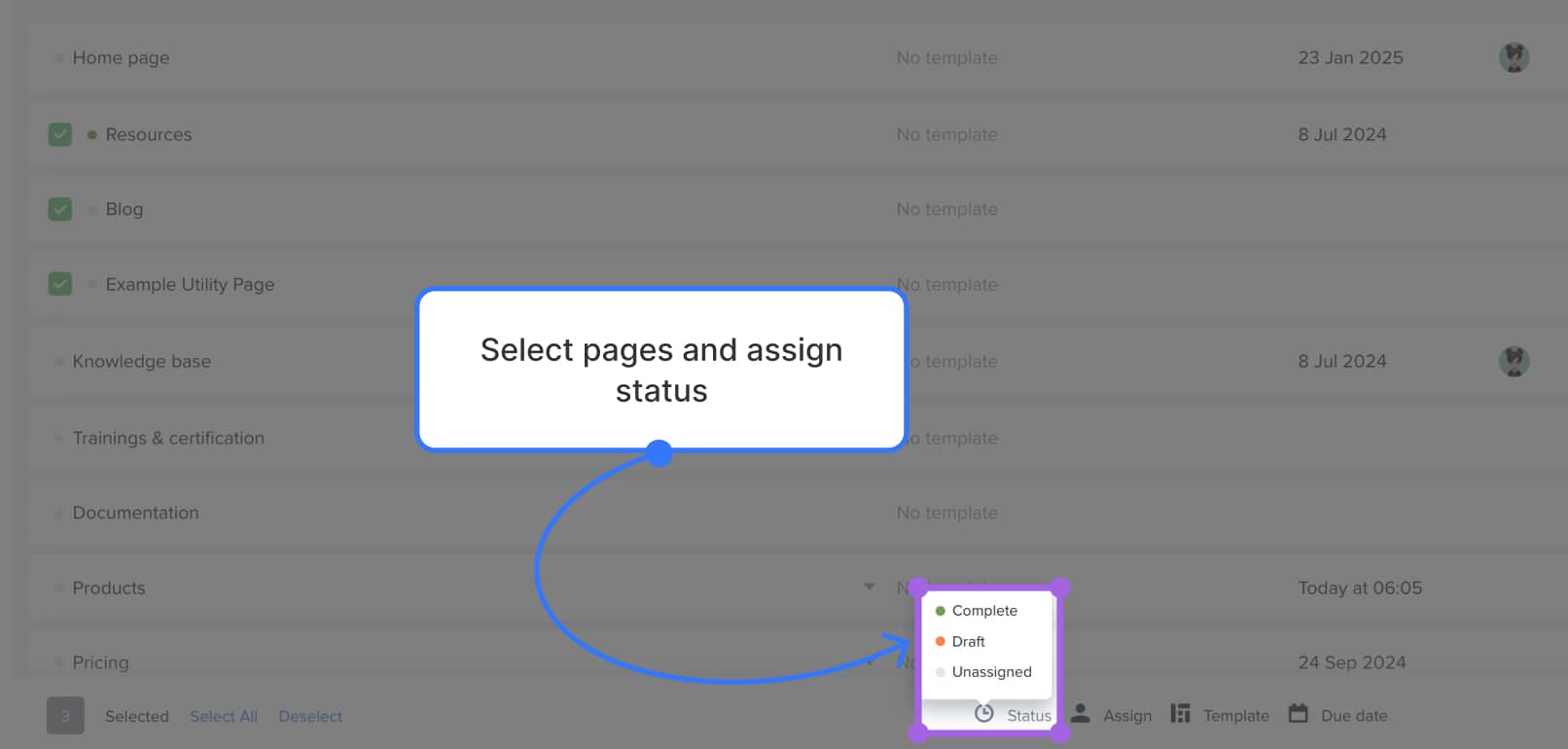 Content Planner's bulk action bar opened with status assignment dropdown expanded