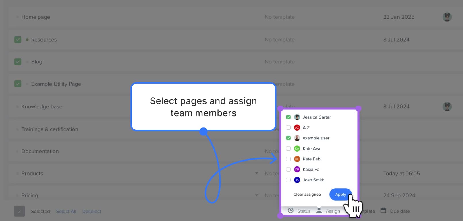 Content planner's bulk action bar open with team assignment dropdown open
