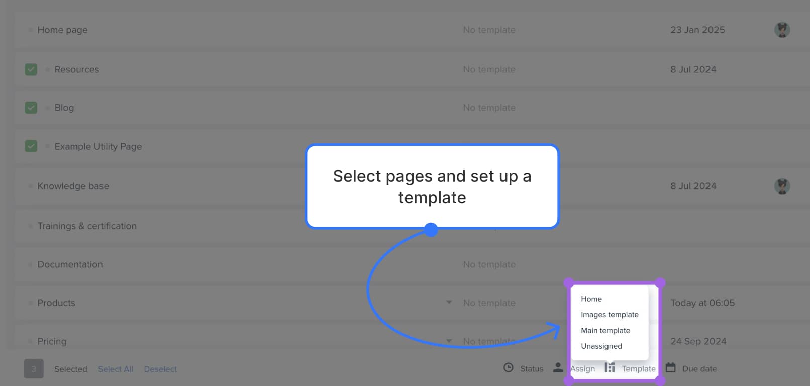 Content Planner's bulk action bar opened with template assignment dropdown expanded