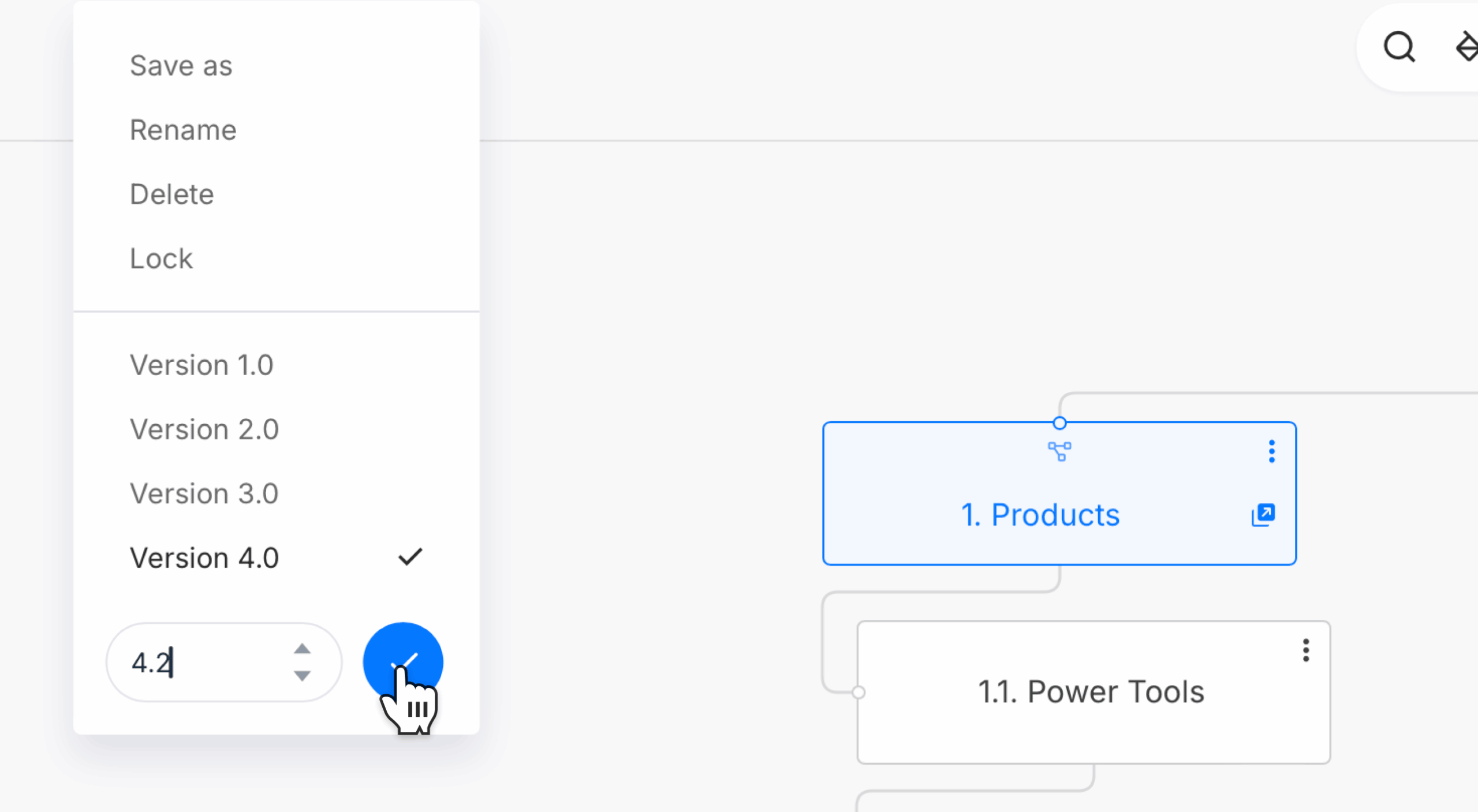 Saving new project version by clicking on blue checkmark