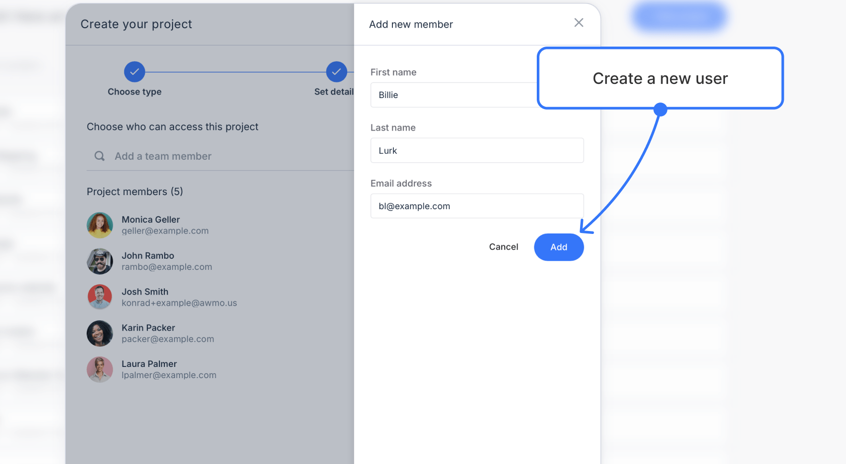 A new user form filled in in a new project modal window