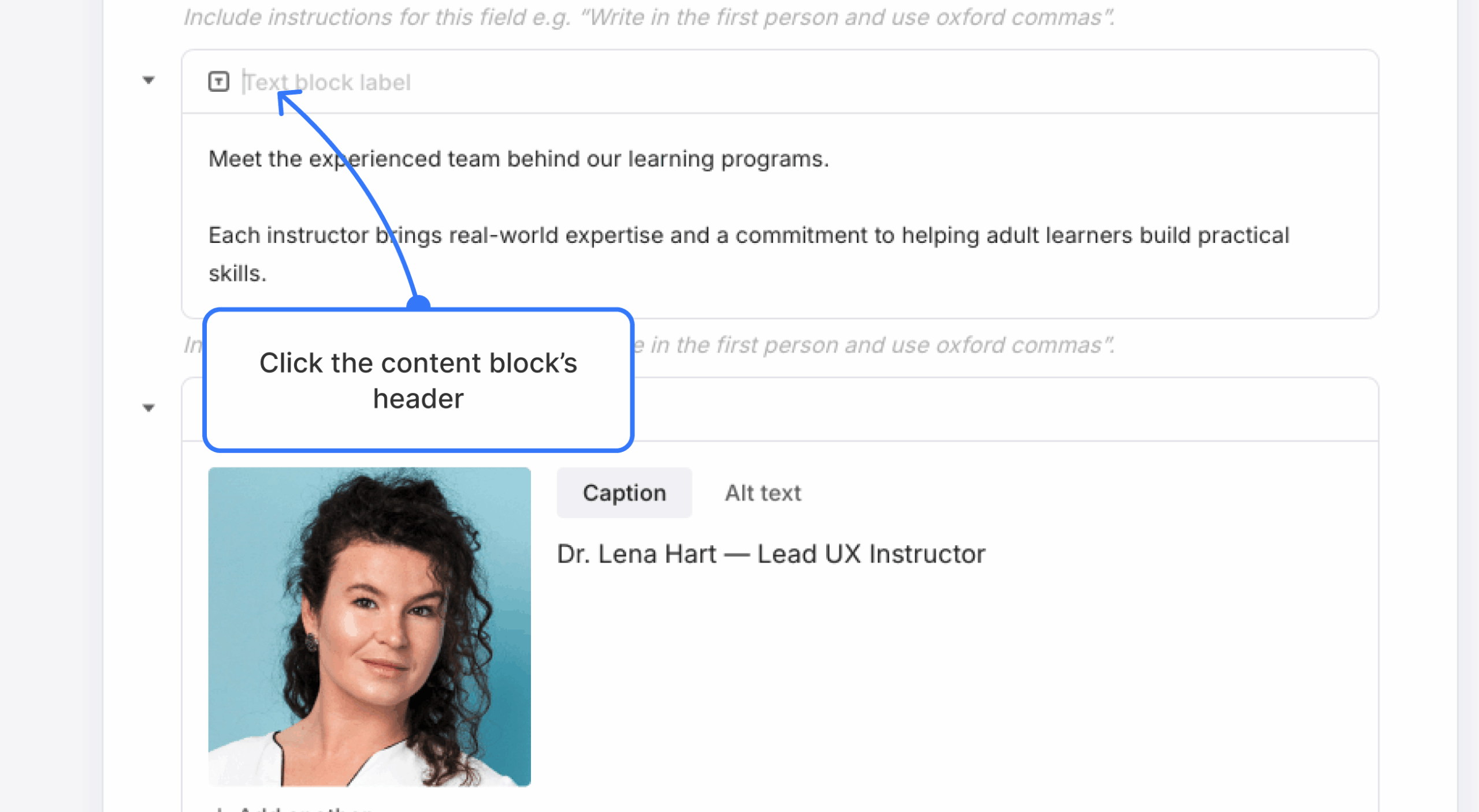 content block selected in content editor