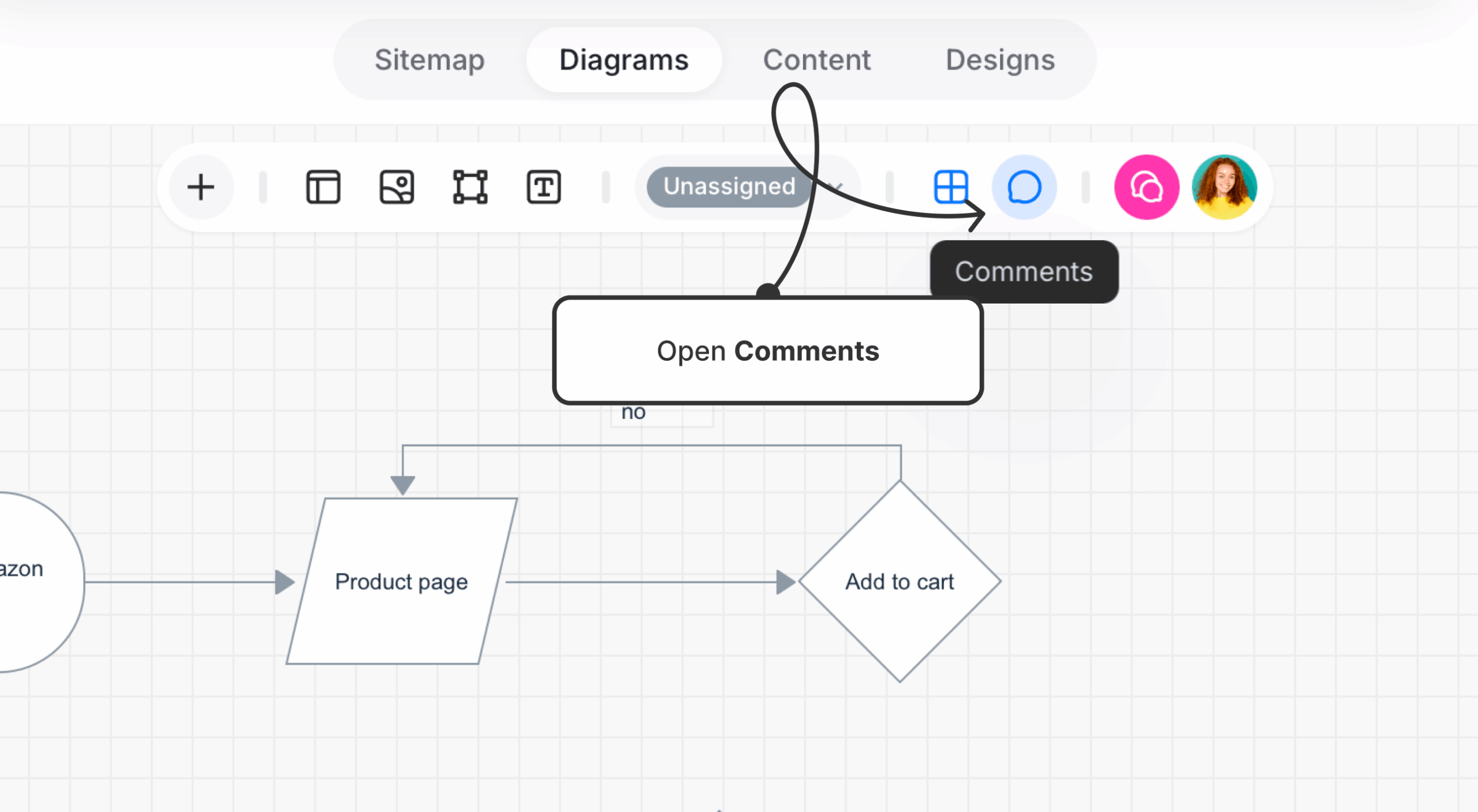 Diagram toolbar zoomed in with the comment icon being pointed on