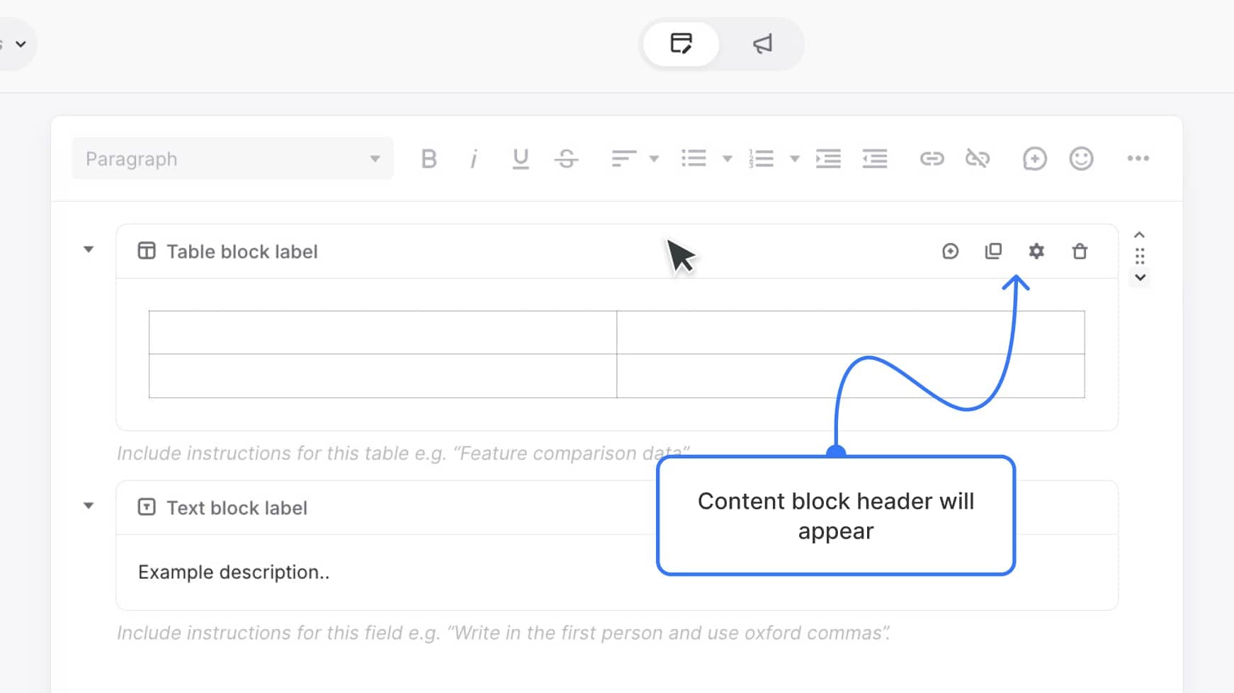content block header with icons visible