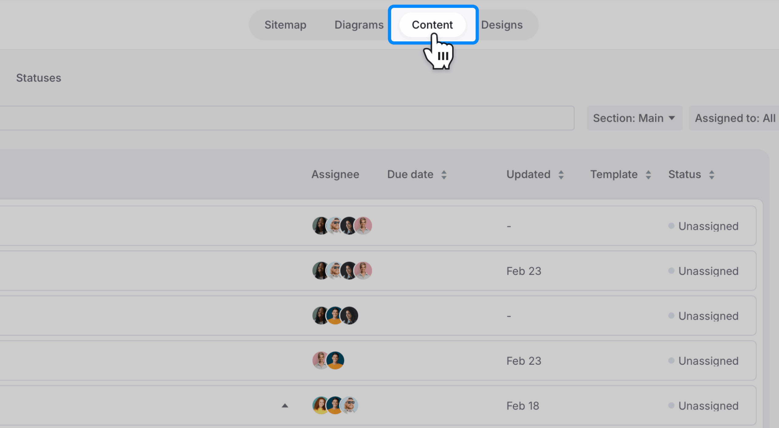 Content planner dashboard opened with the Content tab highlighted on the navigation bar