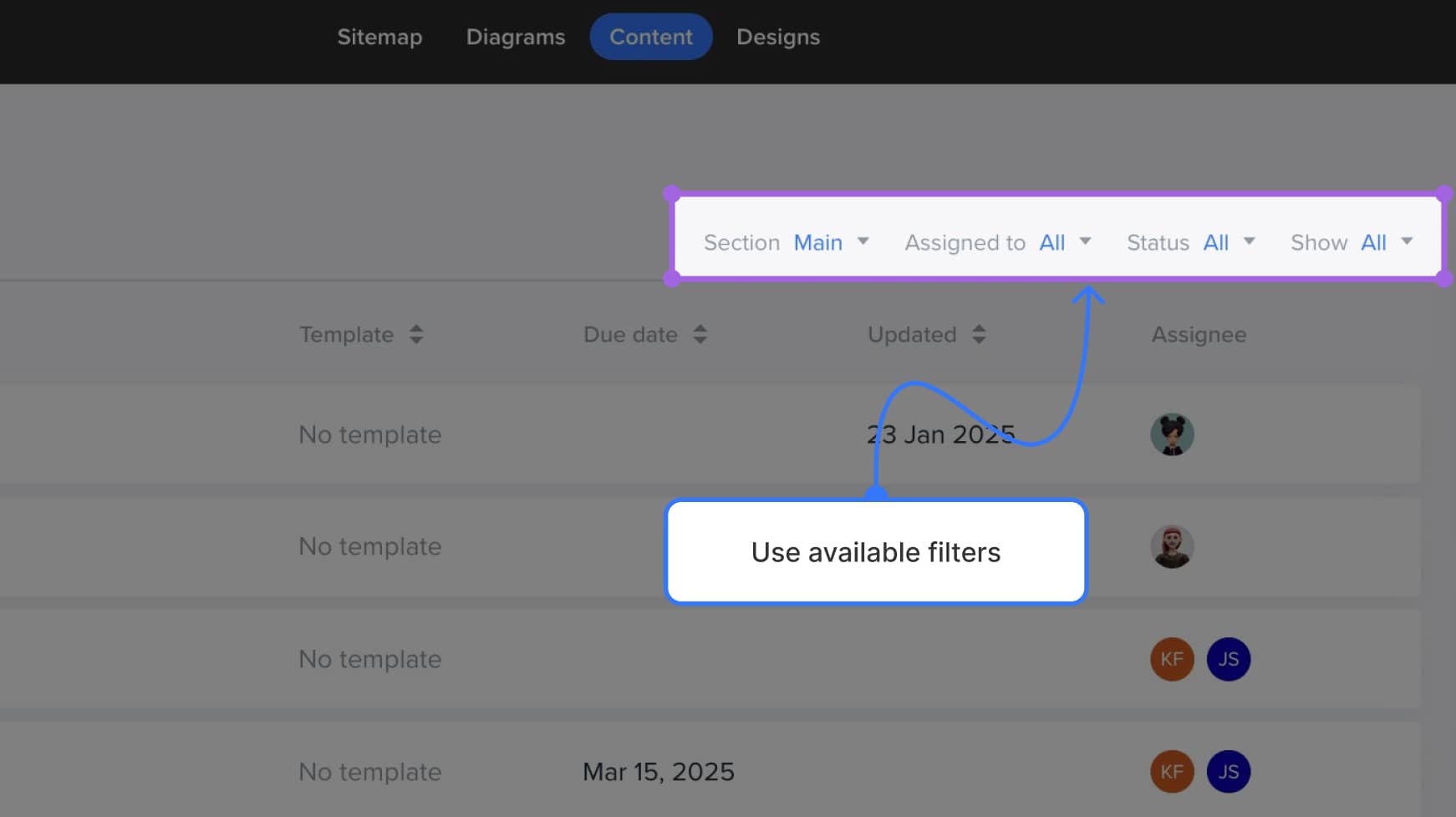 Content dashboard view with content filters highlighted