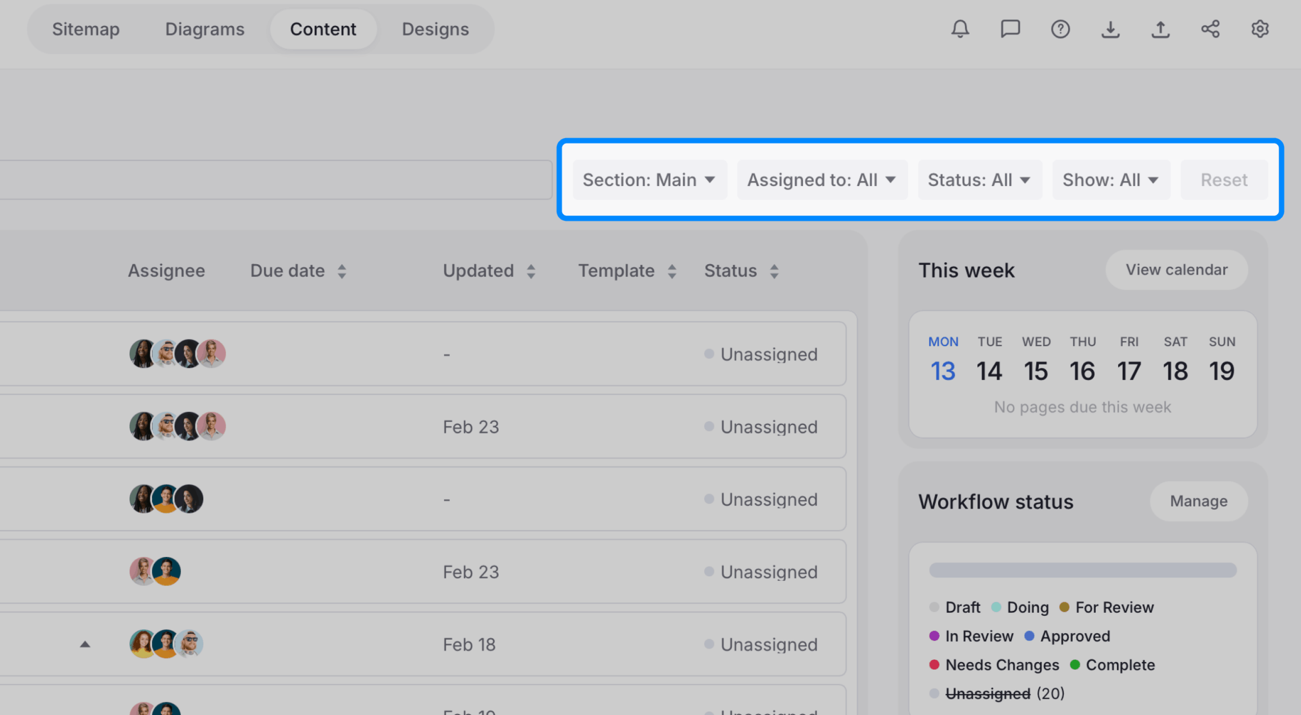 Content dashboard view with content filters highlighted