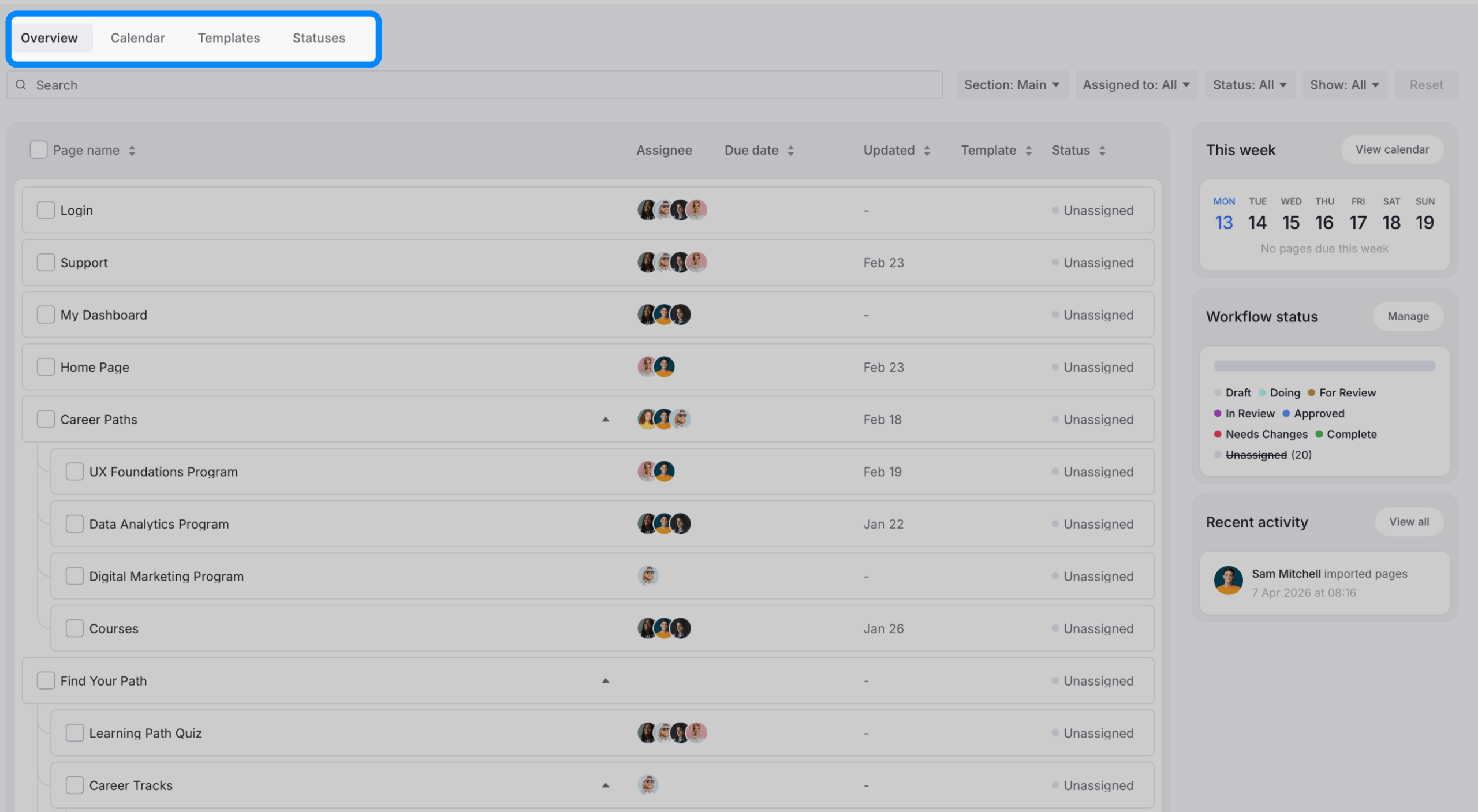 content menu highlighted with templates statuses and overview options