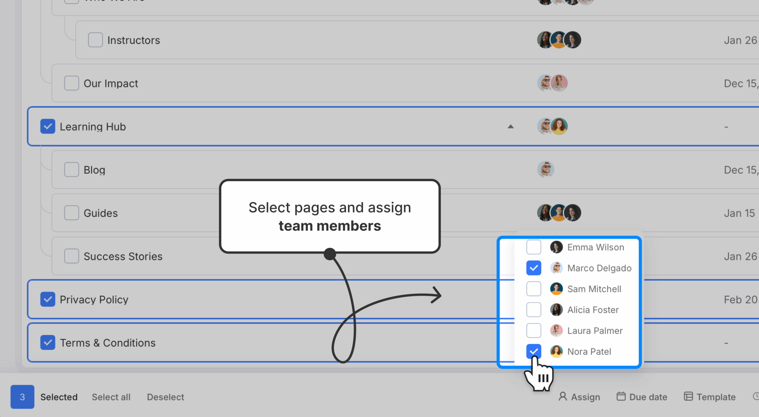 Content planner's bulk action bar open with team assignment dropdown open