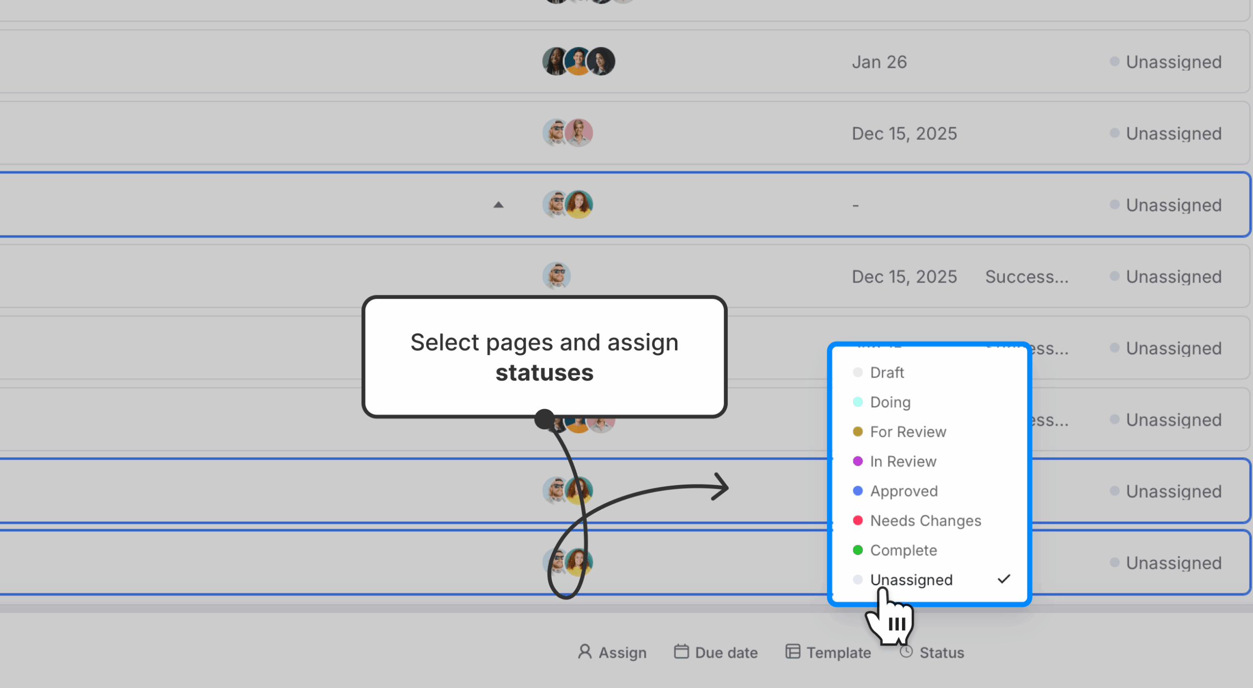Content Planner page editor with the status dropdown menu visible