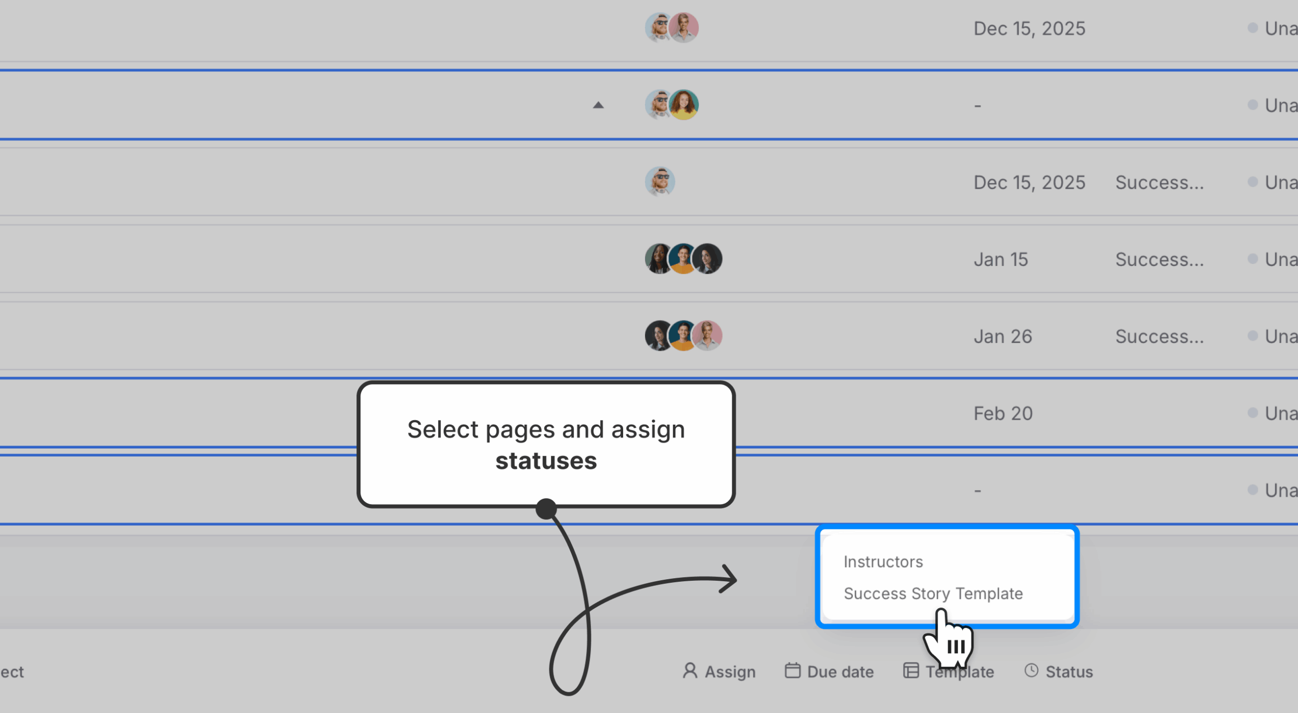 bulk action bar opened with template assignment dropdown expanded