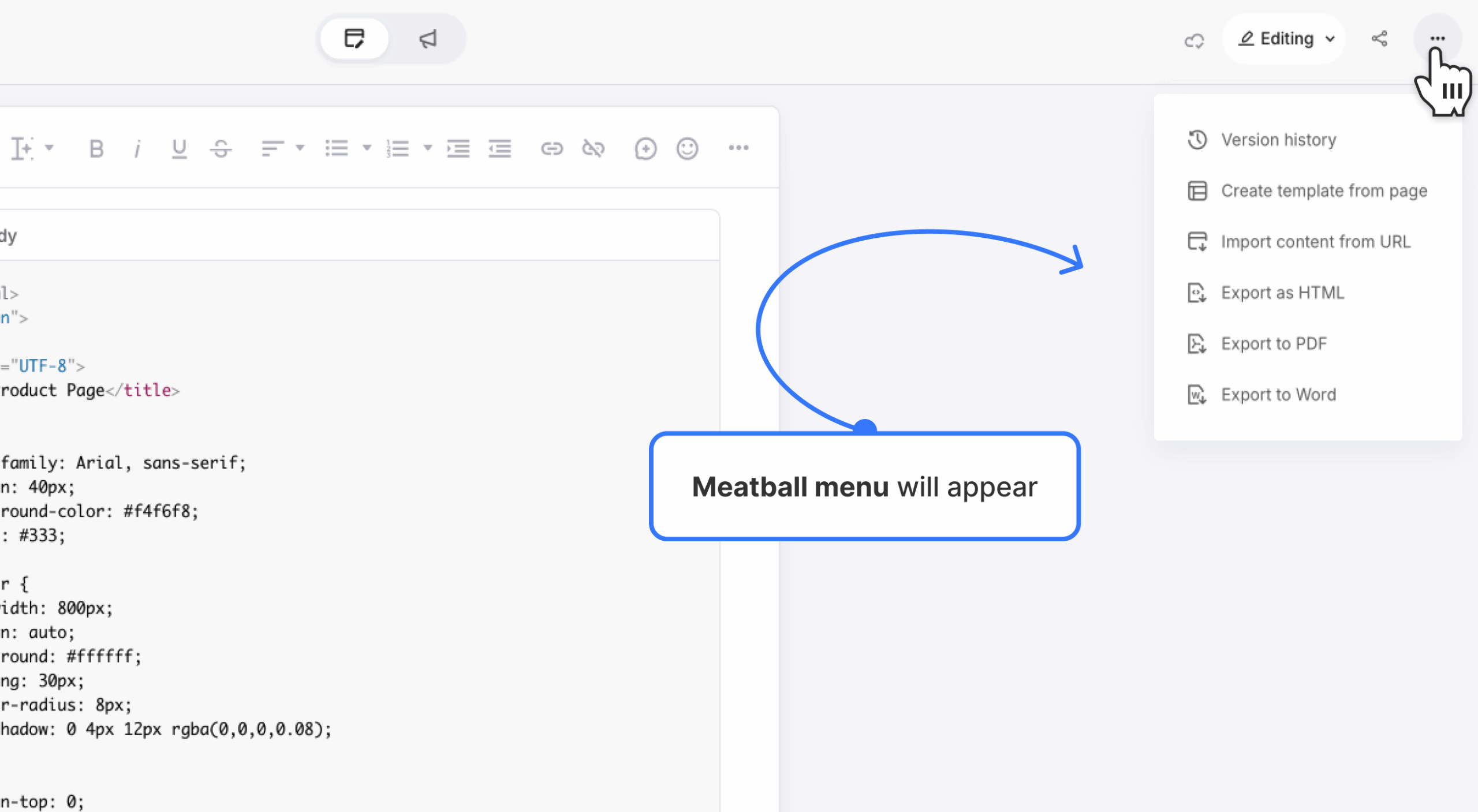 Meatball menu opened in page editor toolbar