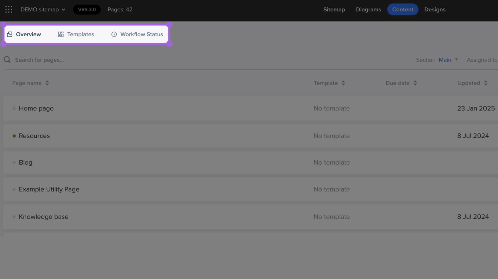 content menu highlighted with templates statuses and overview options