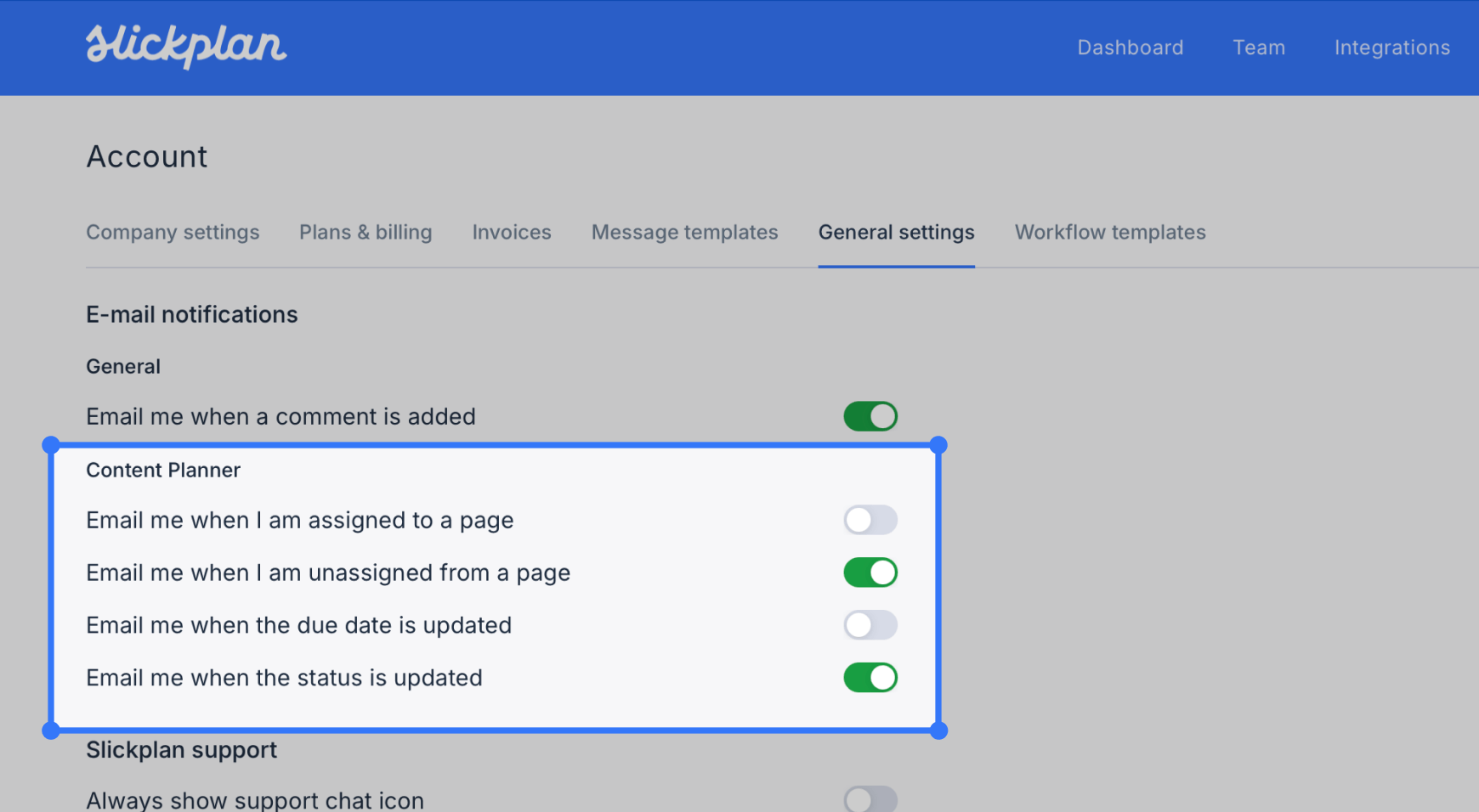 content planner email notification toggles enabled in general settings
