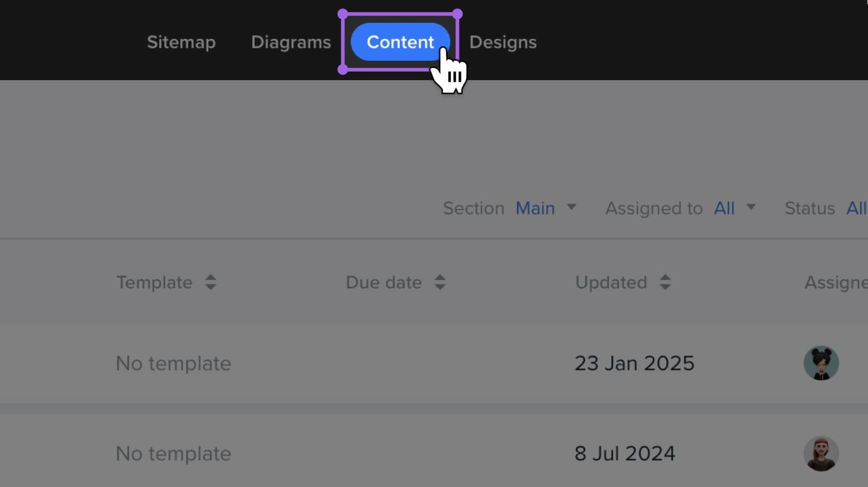 Content planner dashboard opened with the "content" tab highlighted on the navigation bar