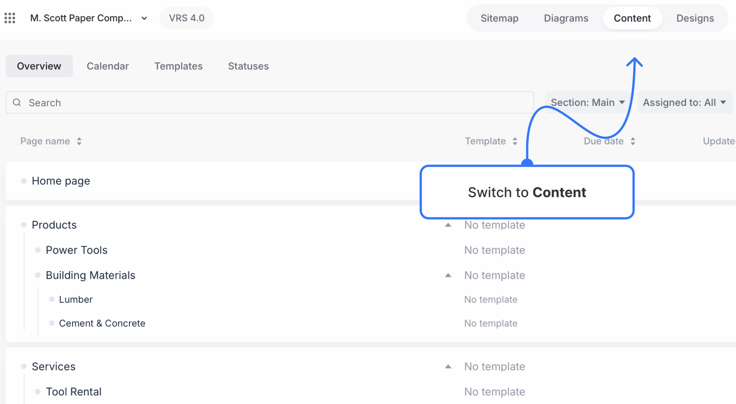 content tab selected on project navigation bar scaled
