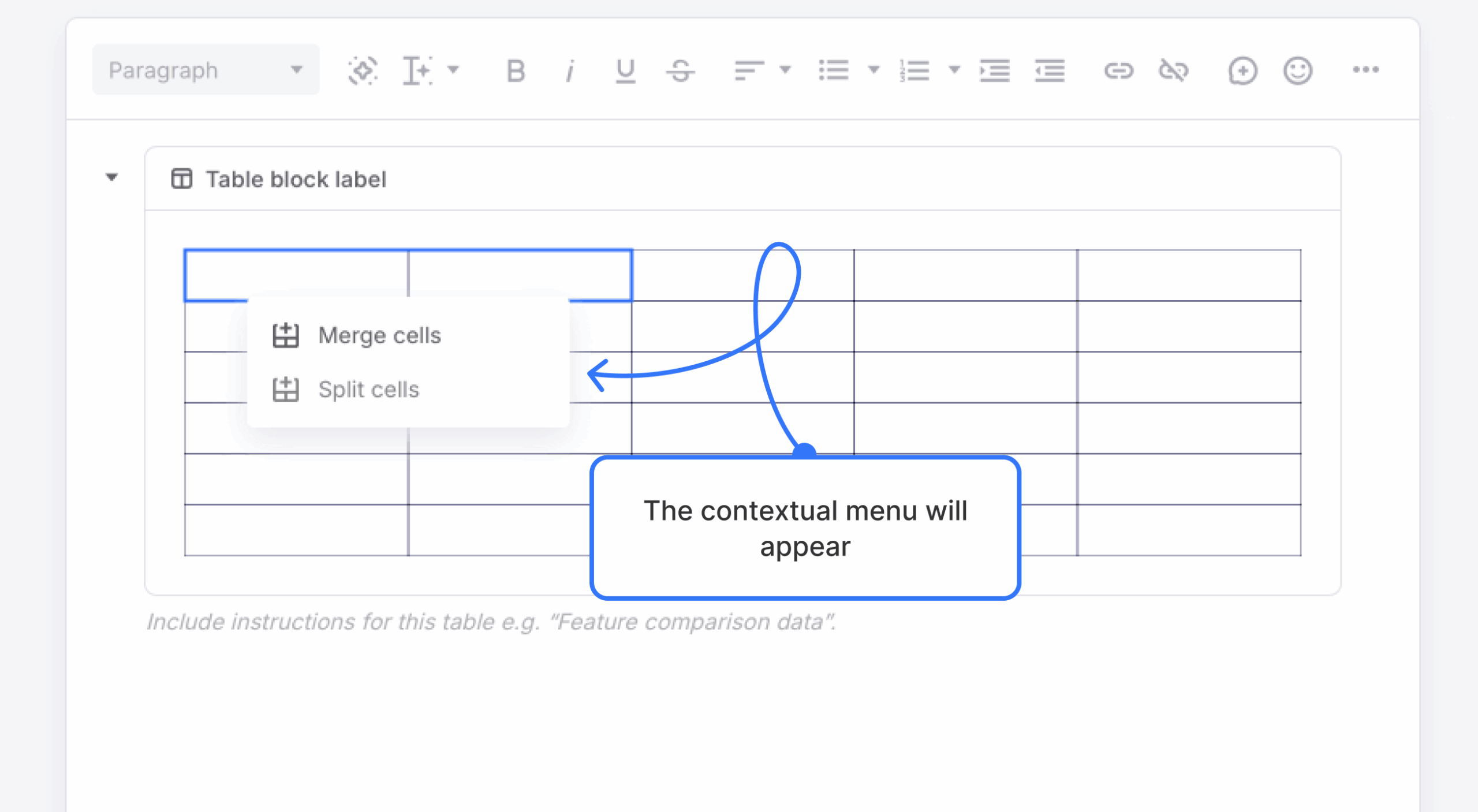 Contextual pop-up with “Merge cells” option visible