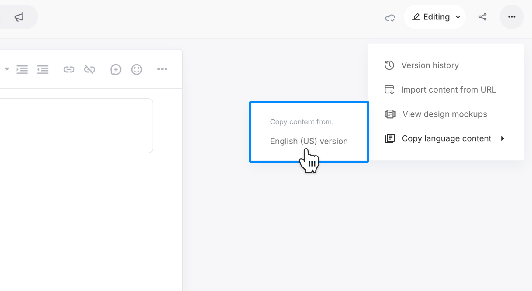copying content flyout menu expanded