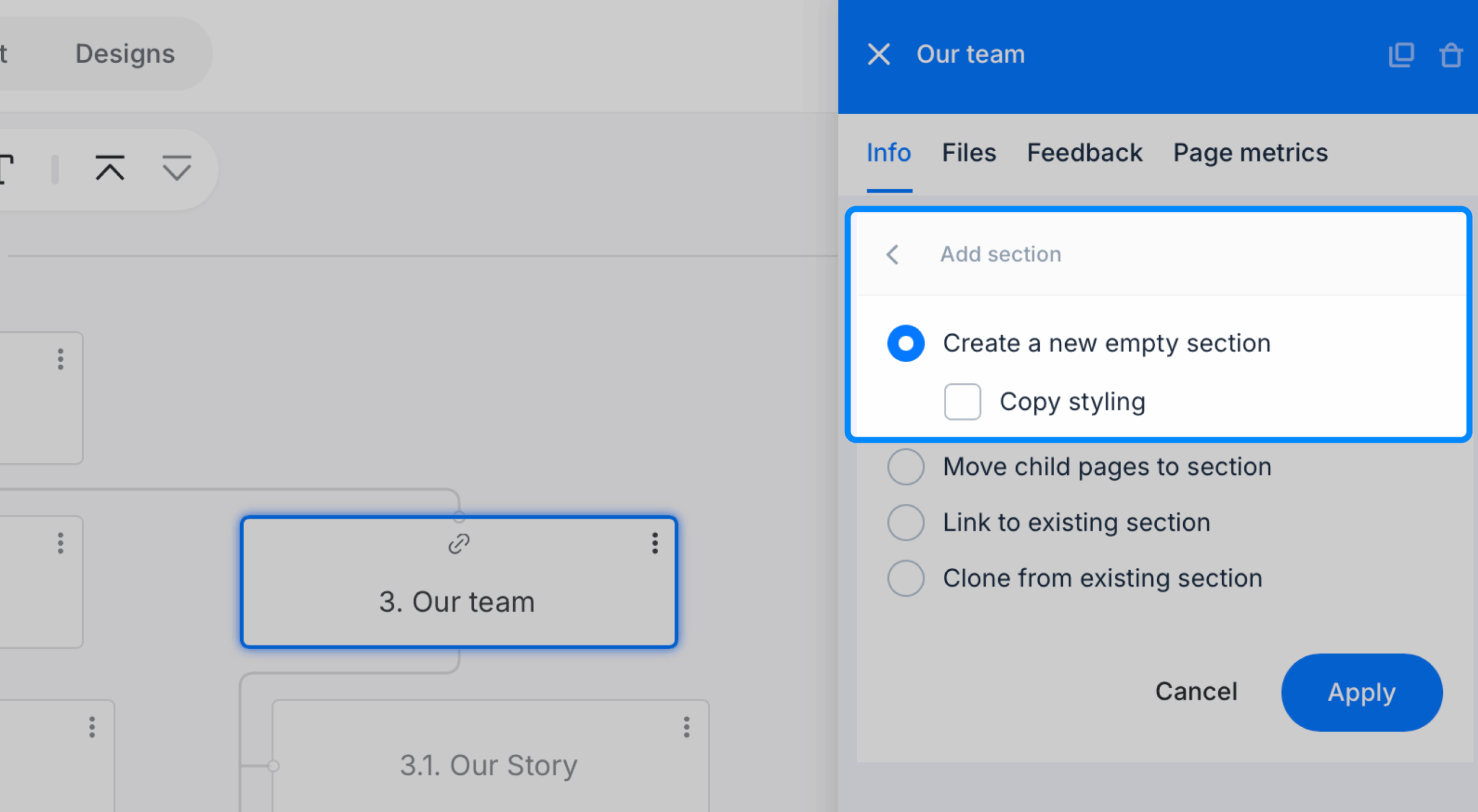 New section radiobutton selected on page properties panel