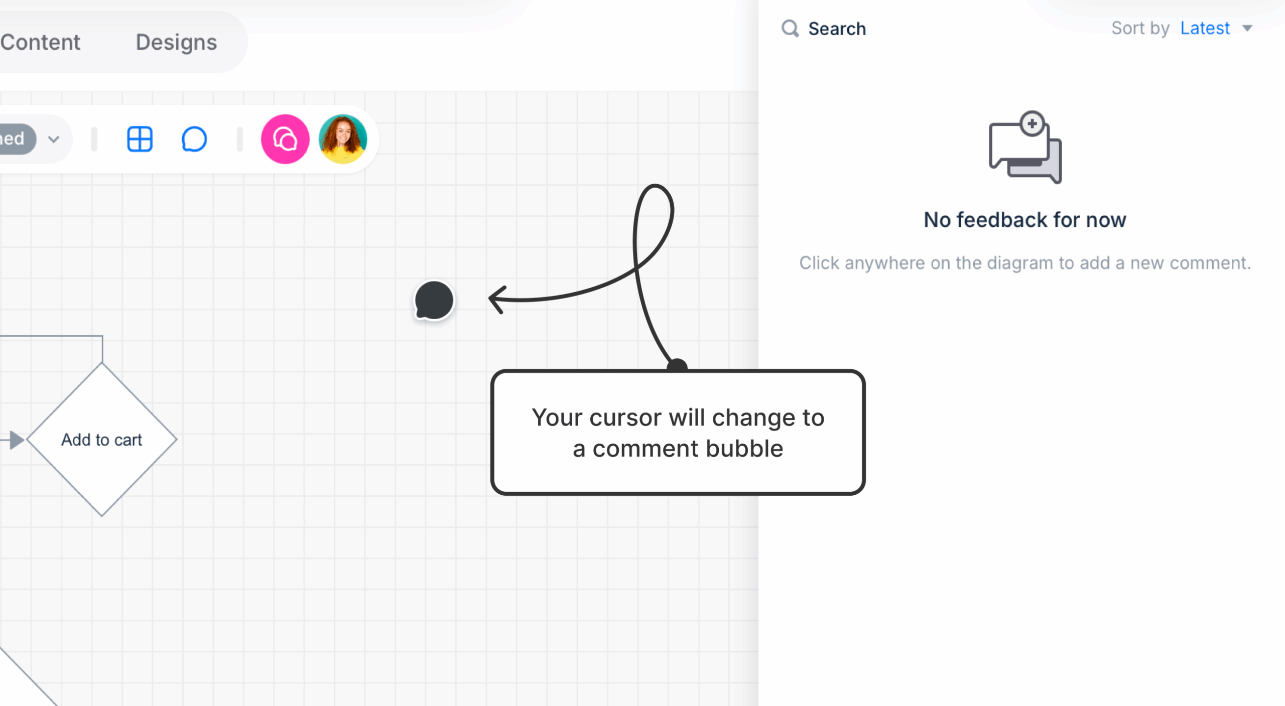 A mouse cusror comment-bubble-shaped on the diagram canvas