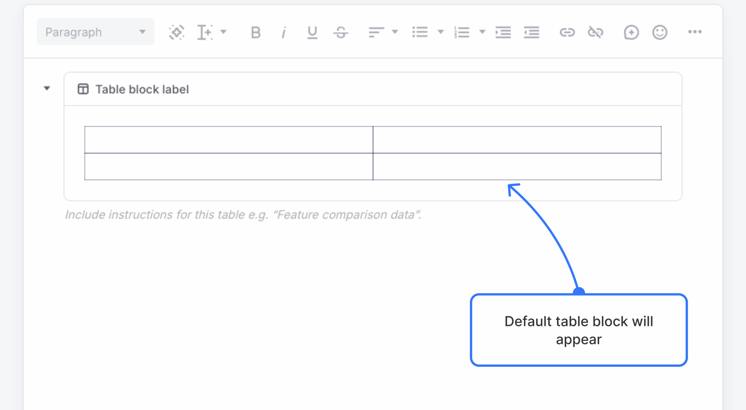 Empty table block in the content editor canvas
