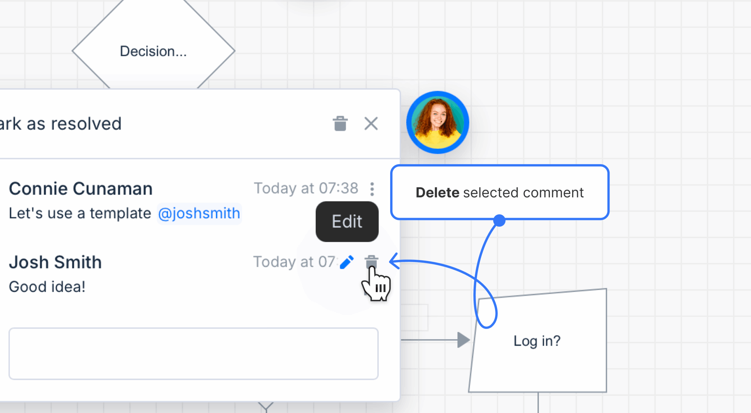 Deleting a single comment in a thread in a modal window