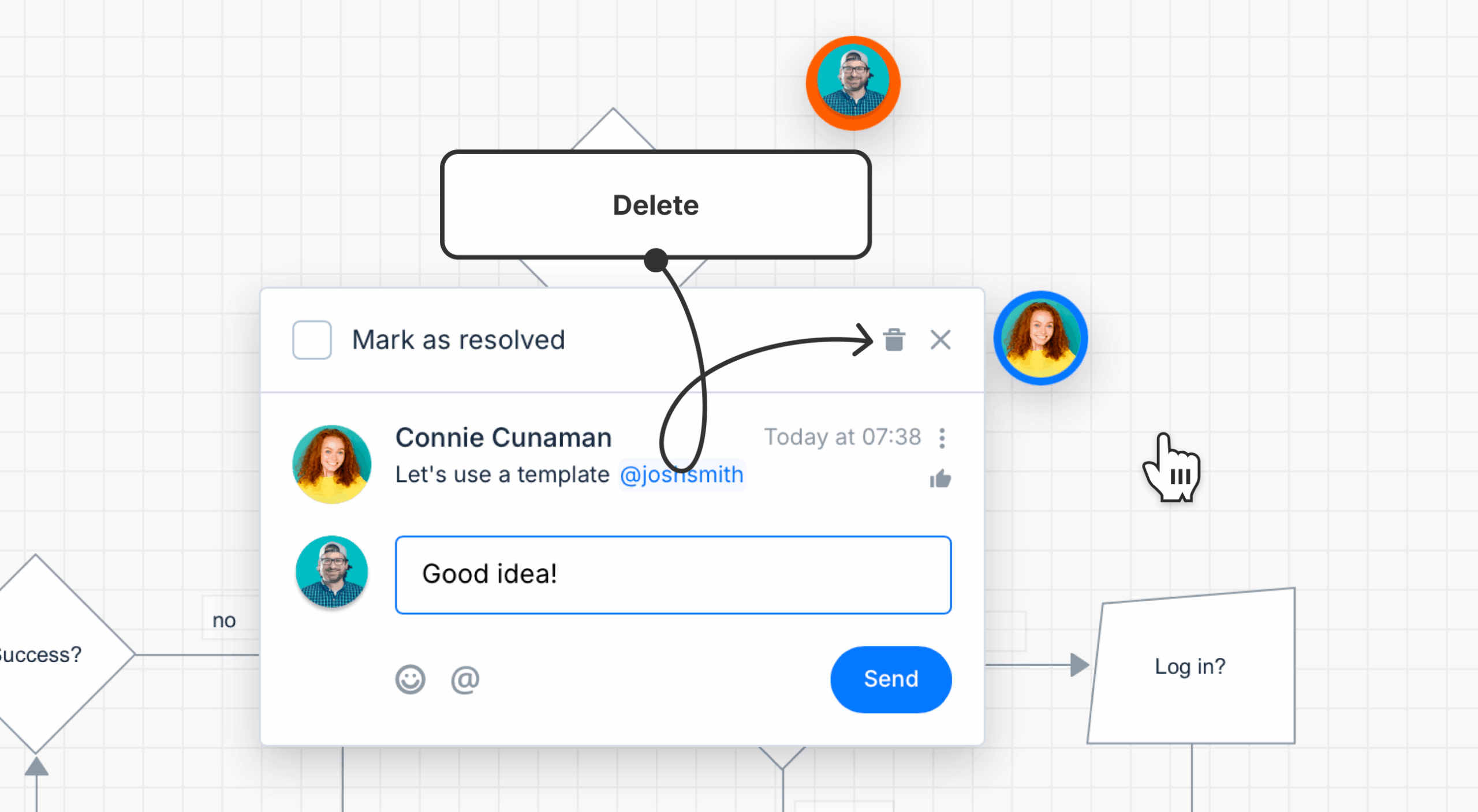 A delete icon highlighted on a diagram comment modal