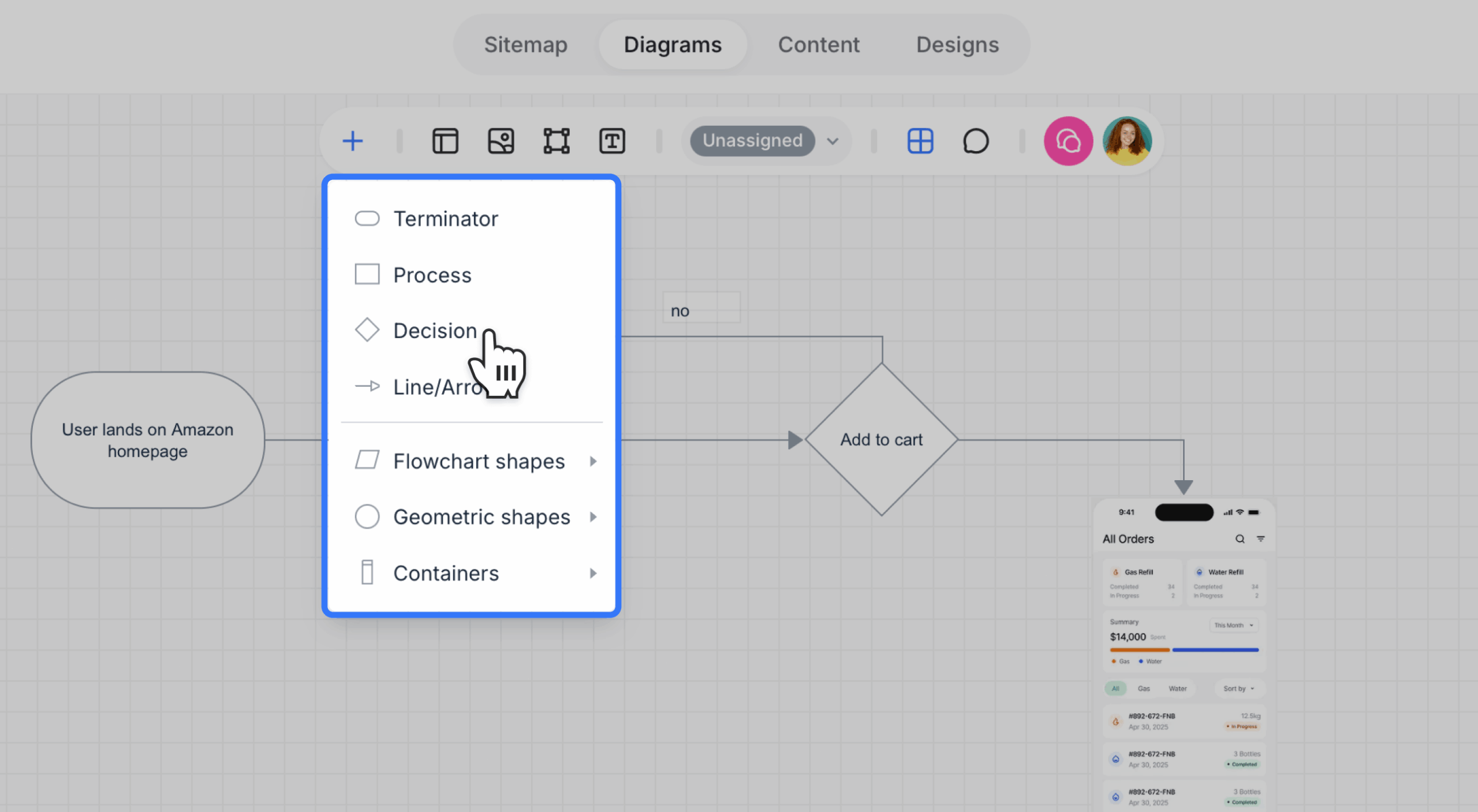 diagram shape dropdown menu expanded from toolbar scaled