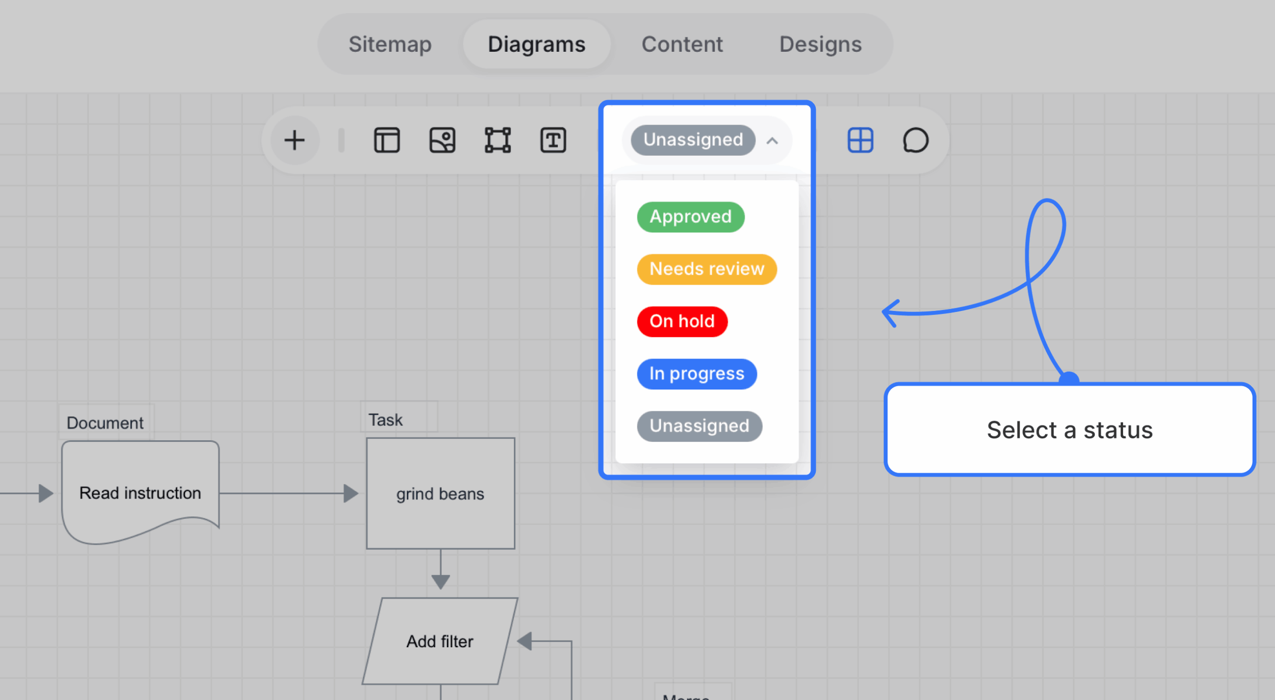 diagram status menu expanded from toolbar scaled