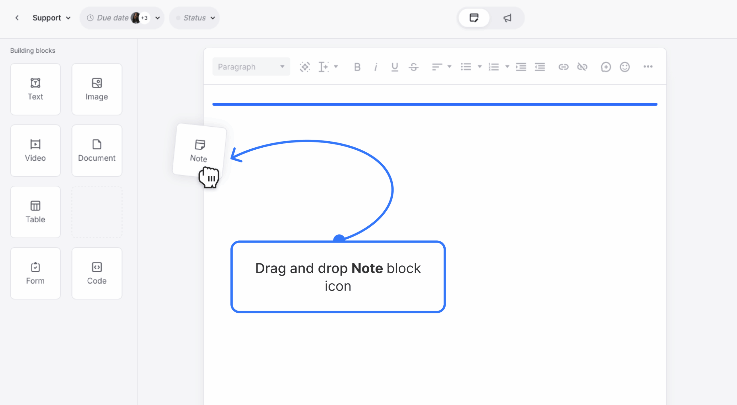 Notes block being added to a page