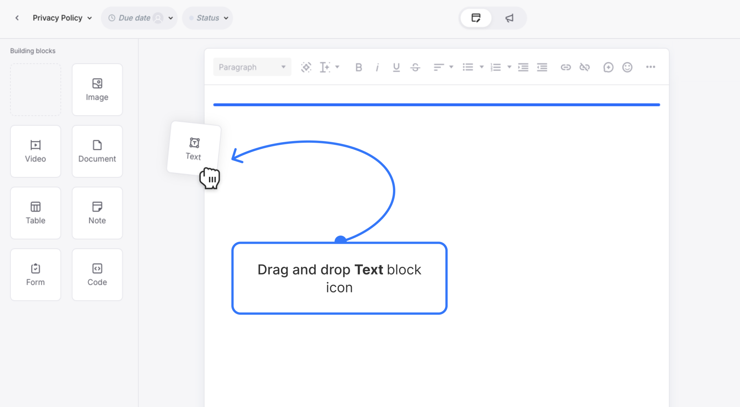 Text block icon in block toolbar, with click and drag example