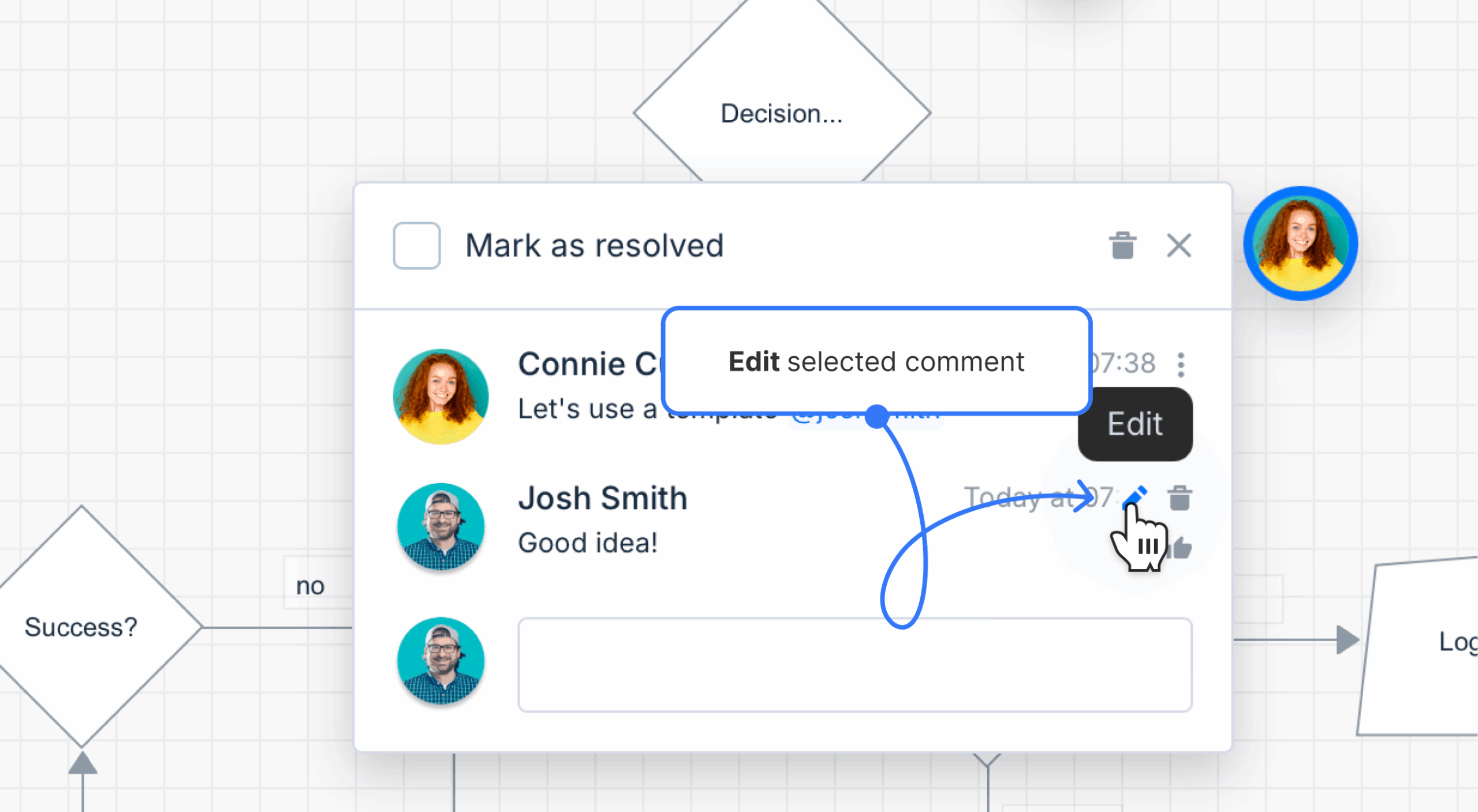 Editing a comment button selected in diagram's comment modal window