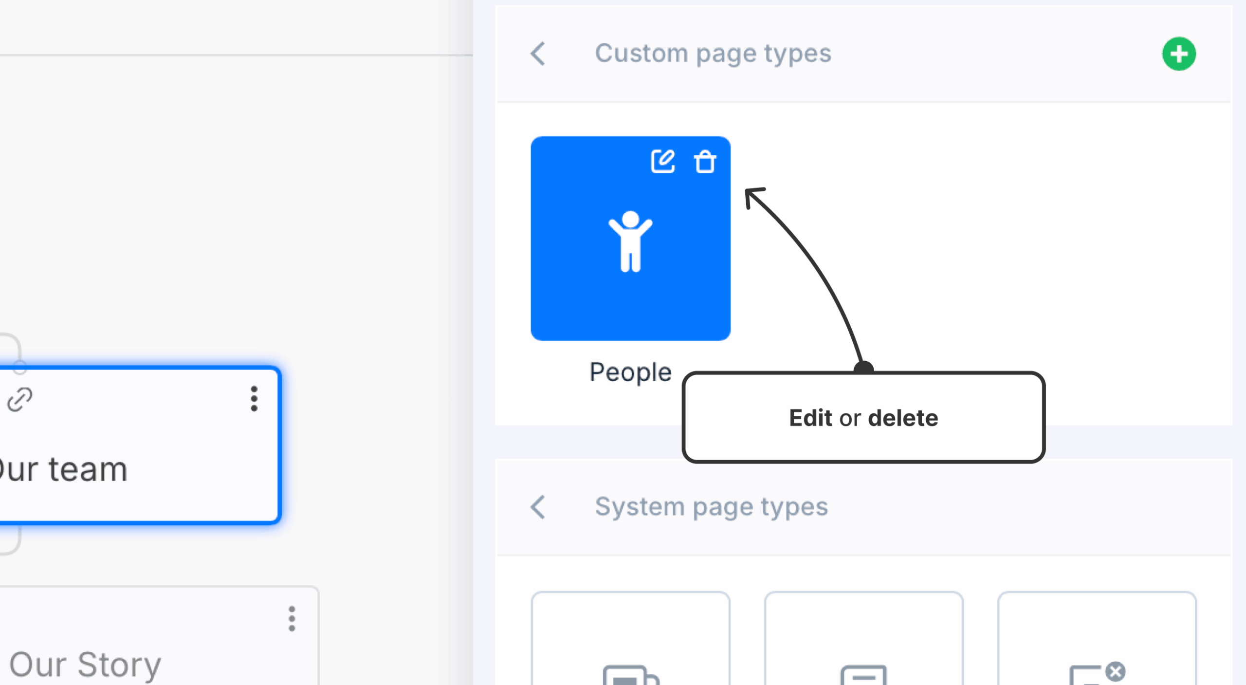Edit and delte icons visible in the corner of a new page type symbol.
